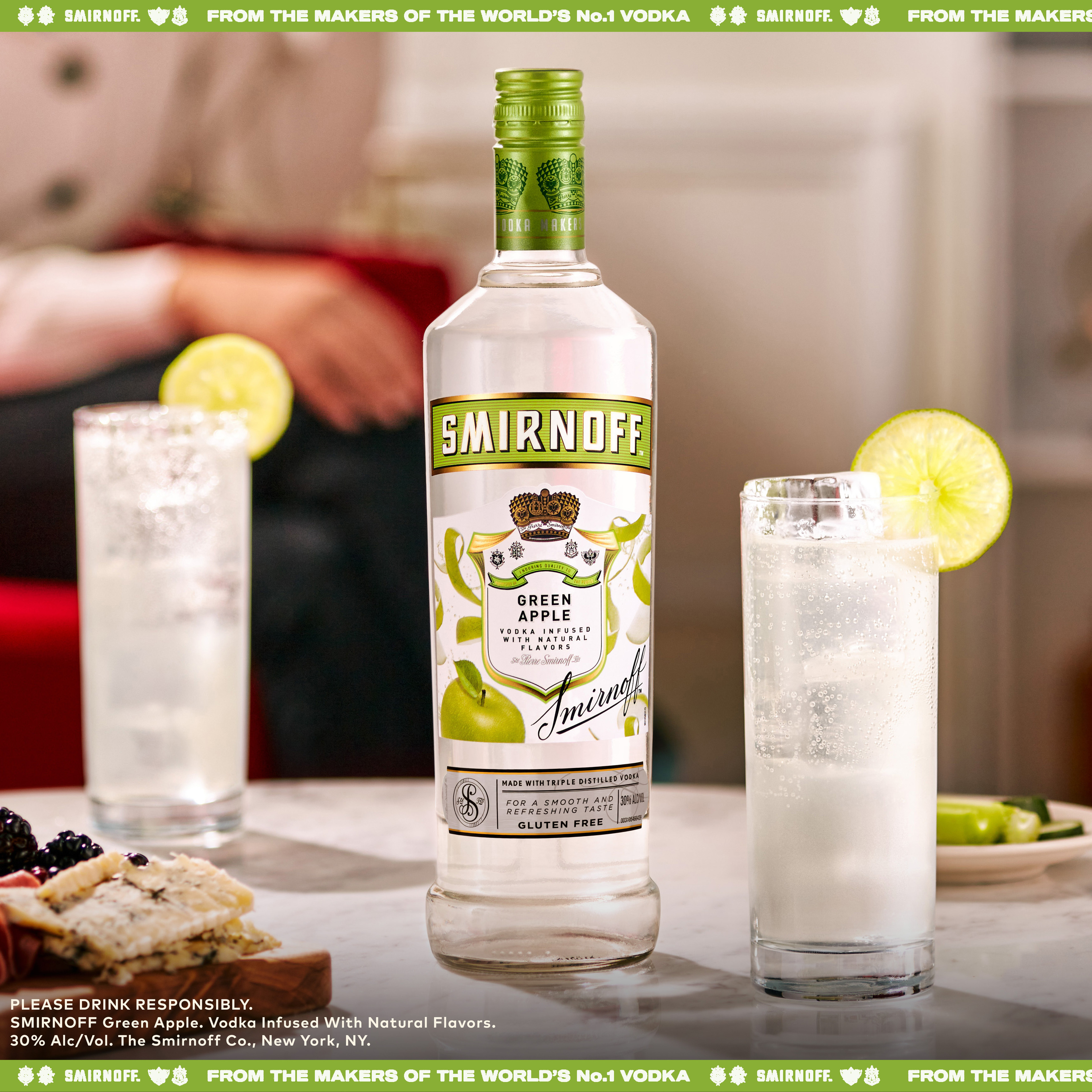 Infused with the naturally tart yet sweet flavor of green apples, Smirnoff Green Apple is a refreshing-tasting drink perfect for shots or cocktails. Its crisp yet smooth taste pairs well with soda water, lemonade, or pineapple juice. For a tangy twist, mix with lemon juice, simple syrup, and a muddled basil sprig, then top with soda for a delightful Smirnoff Basil Apple cocktail. Smirnoff Green Apple's versatility makes it an excellent gift option and a treat for creating a variety of delicious cocktails. Includes one 60 proof 750 mL bottle of Smirnoff Green Apple. Please enjoy responsibly., One 750 mL glass bottle of Smirnoff Green Apple, 60â€“proof with a refreshing and crisp taste, Ideal for gifting and celebrations on a sunny day, Certified Kosher and gluten-free, Enjoy on the rocks or mix with your favourite beverages for a sweet and sour kick, From the Makers of the Worldâ€™s No. 1 Vodka, Fresh, vibrant, and crisp taste, infused with the tartness of green apple flavor in every pour
