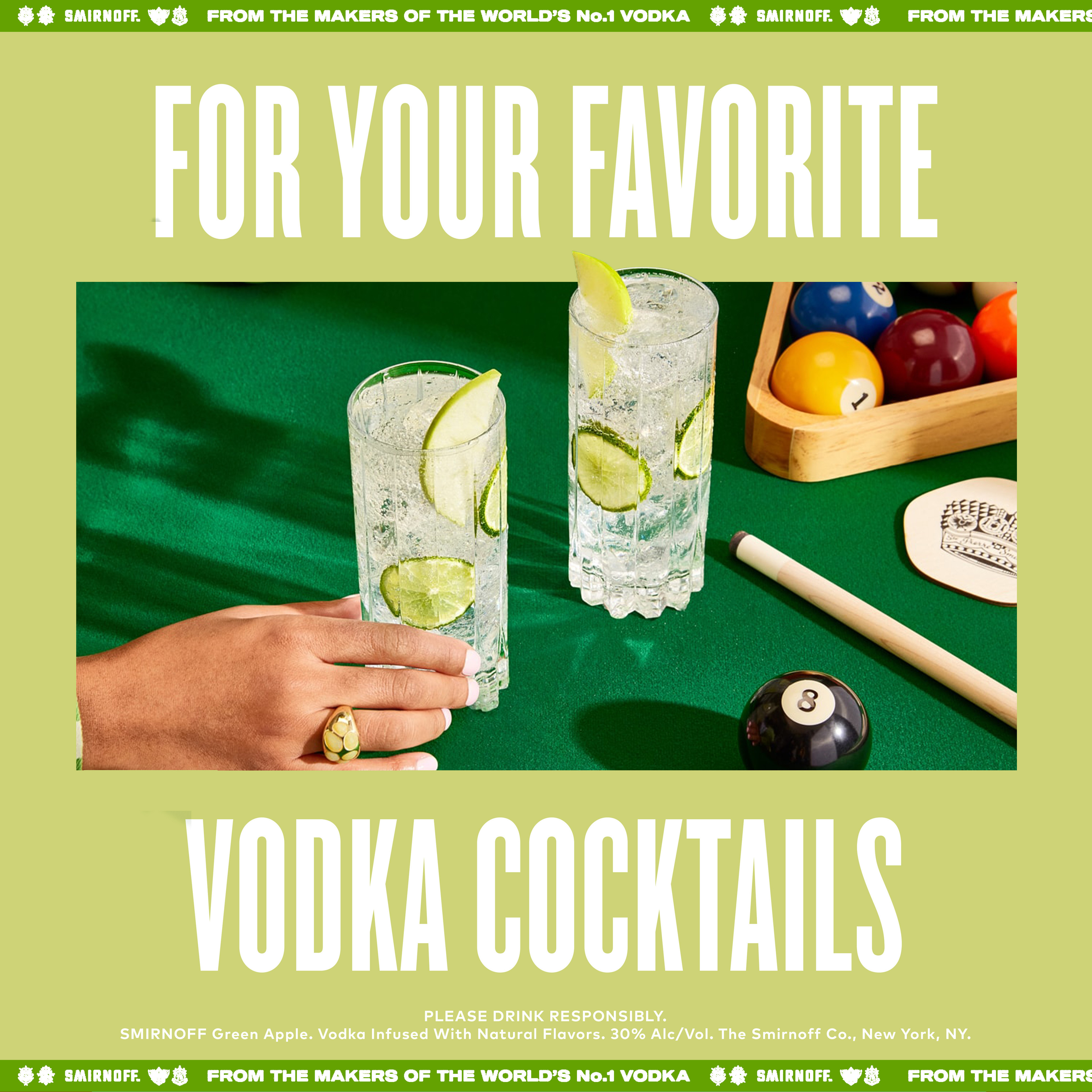 Infused with the naturally tart yet sweet flavor of green apples, Smirnoff Green Apple is a refreshing-tasting drink perfect for shots or cocktails. Its crisp yet smooth taste pairs well with soda water, lemonade, or pineapple juice. For a tangy twist, mix with lemon juice, simple syrup, and a muddled basil sprig, then top with soda for a delightful Smirnoff Basil Apple cocktail. Smirnoff Green Apple's versatility makes it an excellent gift option and a treat for creating a variety of delicious cocktails. Includes one 60 proof 750 mL bottle of Smirnoff Green Apple. Please enjoy responsibly., One 750 mL glass bottle of Smirnoff Green Apple, 60â€“proof with a refreshing and crisp taste, Ideal for gifting and celebrations on a sunny day, Certified Kosher and gluten-free, Enjoy on the rocks or mix with your favourite beverages for a sweet and sour kick, From the Makers of the Worldâ€™s No. 1 Vodka, Fresh, vibrant, and crisp taste, infused with the tartness of green apple flavor in every pour