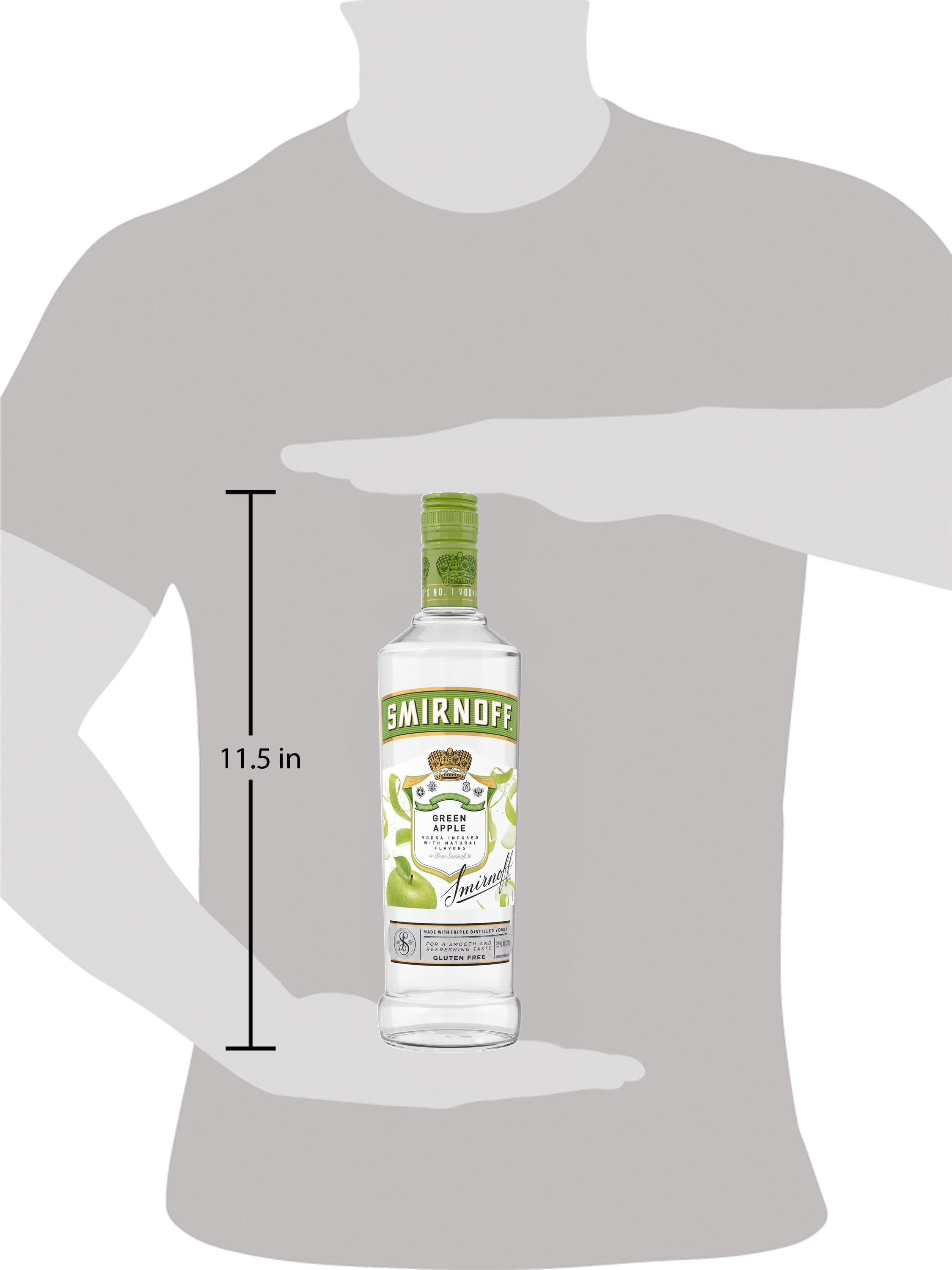 Infused with the naturally tart yet sweet flavor of green apples, Smirnoff Green Apple is a refreshing-tasting drink perfect for shots or cocktails. Its crisp yet smooth taste pairs well with soda water, lemonade, or pineapple juice. For a tangy twist, mix with lemon juice, simple syrup, and a muddled basil sprig, then top with soda for a delightful Smirnoff Basil Apple cocktail. Smirnoff Green Apple's versatility makes it an excellent gift option and a treat for creating a variety of delicious cocktails. Includes one 60 proof 750 mL bottle of Smirnoff Green Apple. Please enjoy responsibly., One 750 mL glass bottle of Smirnoff Green Apple, 60â€“proof with a refreshing and crisp taste, Ideal for gifting and celebrations on a sunny day, Certified Kosher and gluten-free, Enjoy on the rocks or mix with your favourite beverages for a sweet and sour kick, From the Makers of the Worldâ€™s No. 1 Vodka, Fresh, vibrant, and crisp taste, infused with the tartness of green apple flavor in every pour