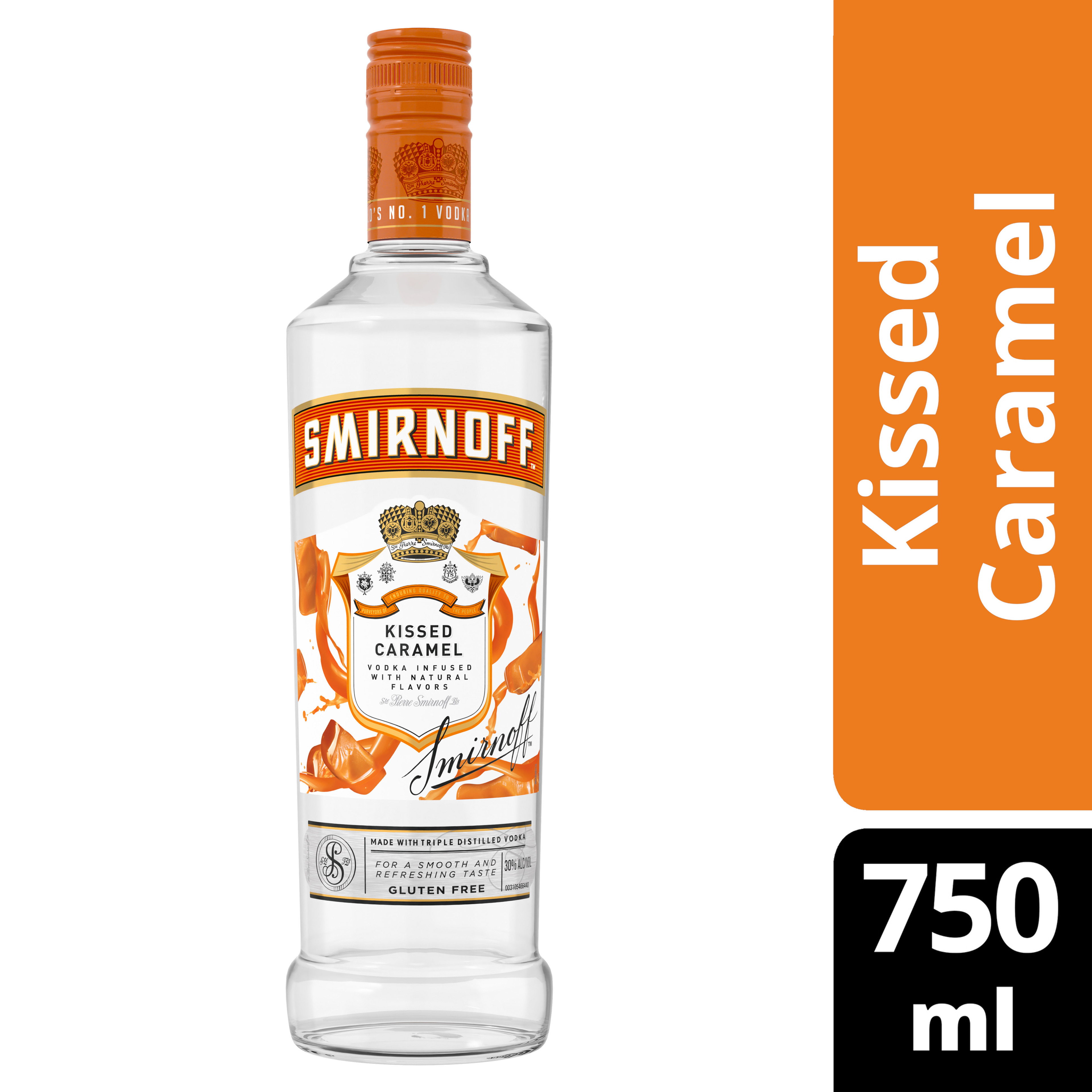 Indulge in the decadent flavor of caramel with Smirnoff Kissed Caramel. Infused with the confectionary taste of salted caramel, this gluten-free and Kosher Certified spirit is perfect for after-dinner drinks and is smooth enough to be enjoyed neat. Perfect for those cozy evenings and dessert pairings, the versatility of Smirnoff Kissed Caramel adds a layer of decadence to any occasion. Includes one 60 proof 750 mL bottle of Smirnoff Kissed Caramel. Please drink responsibly., One 750 mL bottle of Smirnoff Kissed Caramel, Awarded a gold medal at the 2019 Los Angeles International Spirits Competition, 60 proof - luscious and smooth, Perfect as a gift or for cozy evenings with your favorite dessert, Certified Kosher and gluten-free, Enjoy neat or mix to create a creamy, indulgent cocktail, Perfect after-dinner treat from the makers of the worldâ€™s no. 1 vodka, Infused with the taste of homemade caramel and a hint of salt