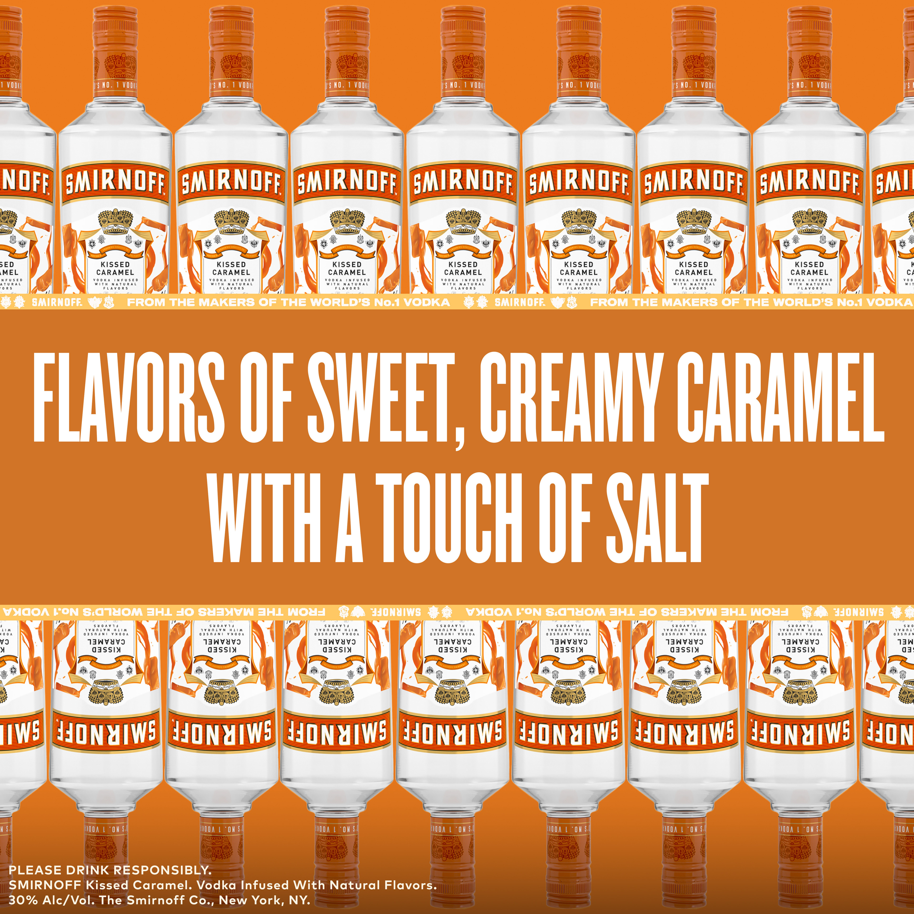 Indulge in the decadent flavor of caramel with Smirnoff Kissed Caramel. Infused with the confectionary taste of salted caramel, this gluten-free and Kosher Certified spirit is perfect for after-dinner drinks and is smooth enough to be enjoyed neat. Perfect for those cozy evenings and dessert pairings, the versatility of Smirnoff Kissed Caramel adds a layer of decadence to any occasion. Includes one 60 proof 750 mL bottle of Smirnoff Kissed Caramel. Please drink responsibly., One 750 mL bottle of Smirnoff Kissed Caramel, Awarded a gold medal at the 2019 Los Angeles International Spirits Competition, 60 proof - luscious and smooth, Perfect as a gift or for cozy evenings with your favorite dessert, Certified Kosher and gluten-free, Enjoy neat or mix to create a creamy, indulgent cocktail, Perfect after-dinner treat from the makers of the worldâ€™s no. 1 vodka, Infused with the taste of homemade caramel and a hint of salt
