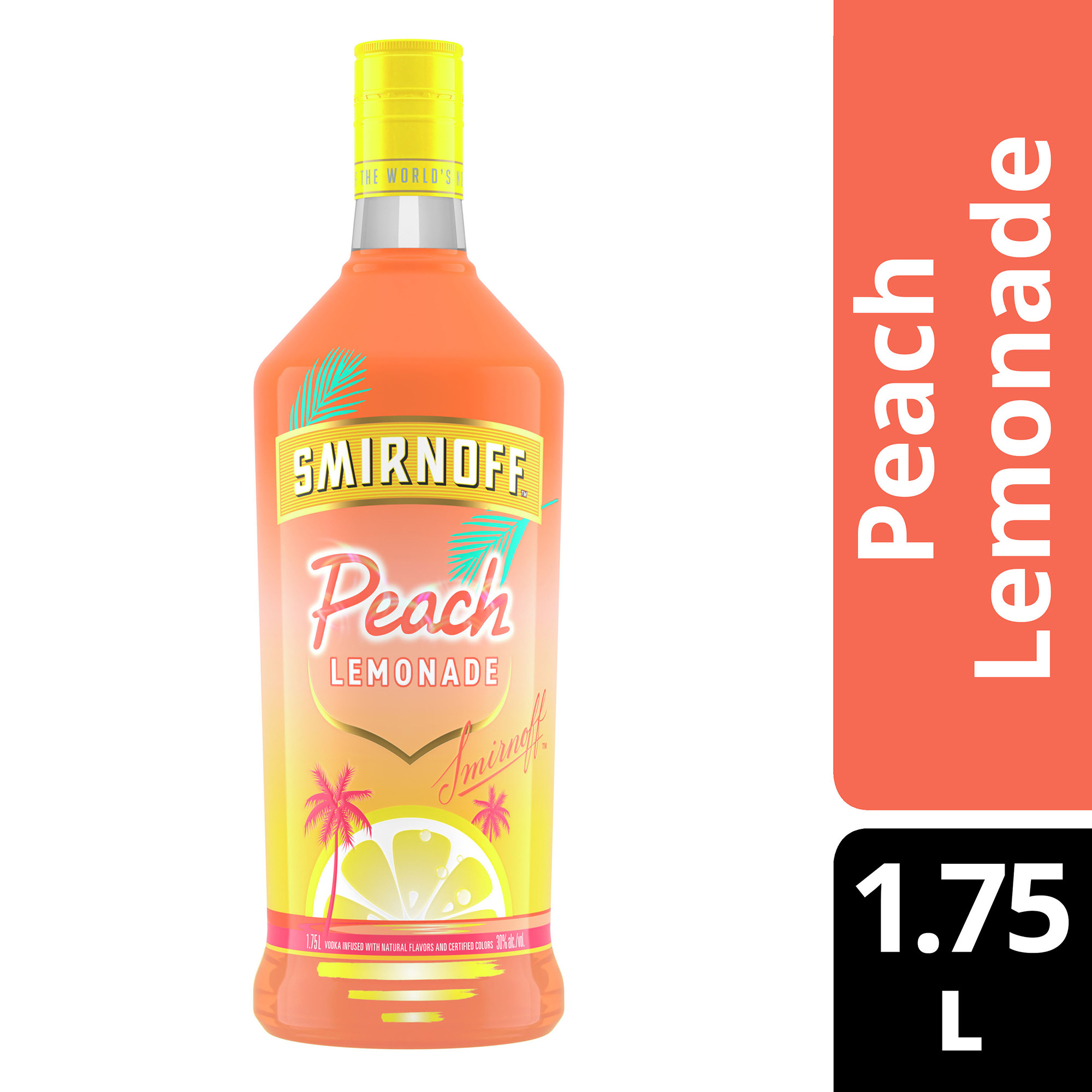 Whether youâ€™re enjoying a long day by the pool or a hot summer night, Smirnoff Peach Lemonade is the perfect flavored drink for your next cocktail party. Its bright peach notes over sweet and refreshing lemonade flavor create a taste-bud bursting drink. Smirnoff Peach Lemonade infused with natural fruit flavors is enjoyed best with iced tea, lemonade, or simply as a shot. Smirnoff Peach Lemonade won a Gold medal at the 2022 San Francisco World Spirits Competition. Includes one 30% alc./vol. 1.75 L bottle of Smirnoff Peach Lemonade. Please enjoy responsibly., One 1.75 L bottle of Smirnoff Peach Lemonade, Awarded a Gold medal at the 2022 San Francisco World Spirits Competition, 60 Proof, Ready to drink beverage for any occasion, From the Makers of the World's No. 1 Vodka