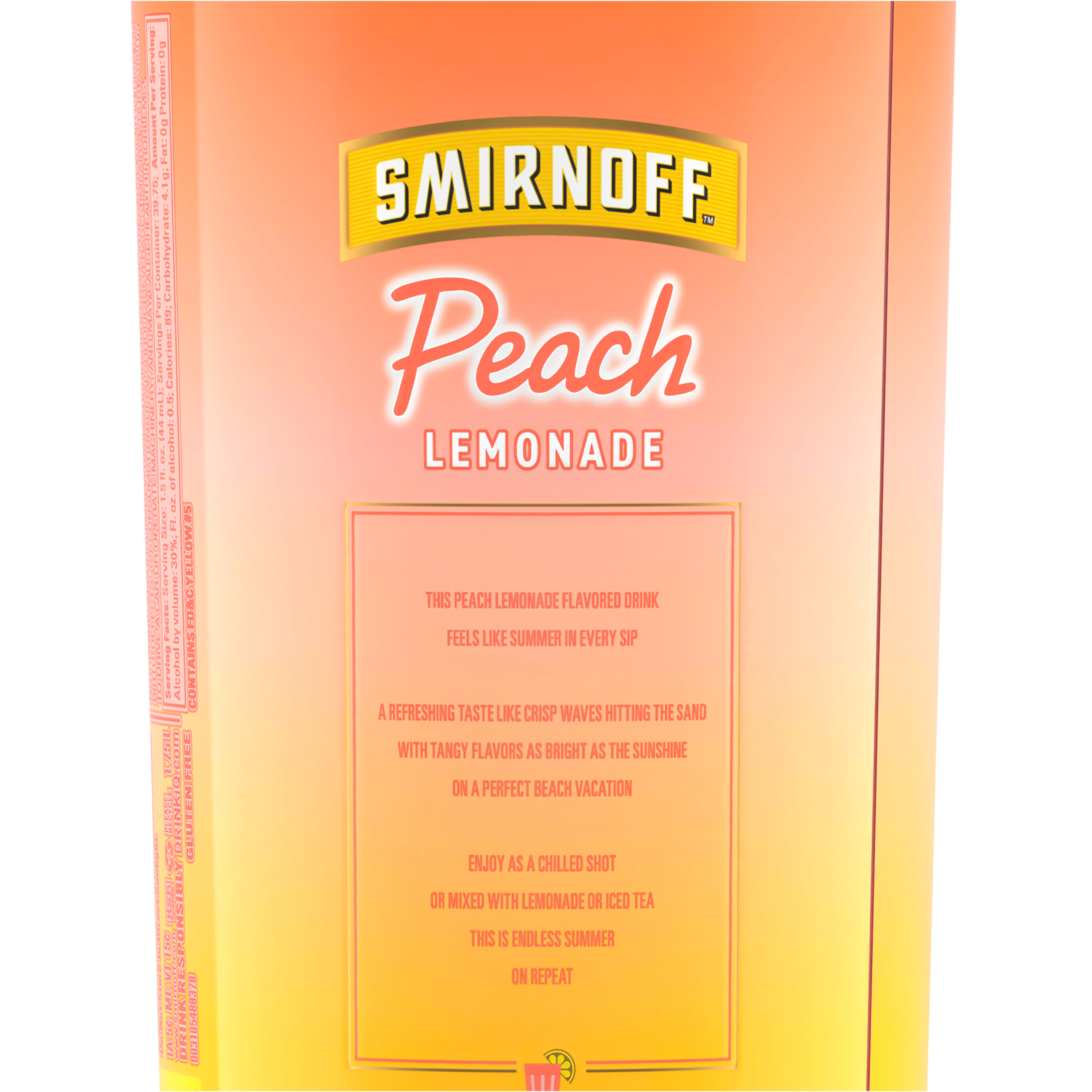 Whether youâ€™re enjoying a long day by the pool or a hot summer night, Smirnoff Peach Lemonade is the perfect flavored drink for your next cocktail party. Its bright peach notes over sweet and refreshing lemonade flavor create a taste-bud bursting drink. Smirnoff Peach Lemonade infused with natural fruit flavors is enjoyed best with iced tea, lemonade, or simply as a shot. Smirnoff Peach Lemonade won a Gold medal at the 2022 San Francisco World Spirits Competition. Includes one 30% alc./vol. 1.75 L bottle of Smirnoff Peach Lemonade. Please enjoy responsibly., One 1.75 L bottle of Smirnoff Peach Lemonade, Awarded a Gold medal at the 2022 San Francisco World Spirits Competition, 60 Proof, Ready to drink beverage for any occasion, From the Makers of the World's No. 1 Vodka