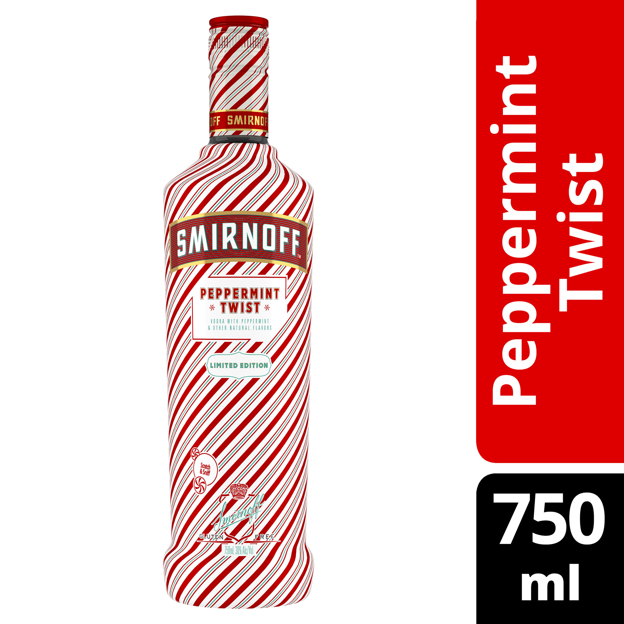 Smirnoff Peppermint Twist is the perfect vodka-based spirit for your holiday festivities, infused with candied peppermint flavor for a cool, minty finish. This seasonal spirit is smooth enough to enjoy on the rocks. For a cozy treat, mix it with hot chocolate and garnish with crushed candy cane for an adult Peppermint Hot Chocolate, or create a delicious Peppermint Martini. Perfect as a gift, this limited-edition spirit enhances any holiday celebration. The rich, infused flavors of Smirnoff Peppermint Twist inspire endless cocktail recipe ideas. Includes one 60 proof 750 mL bottle of Smirnoff Peppermint Twist. Please enjoy responsibly., One 750 mL bottle of Smirnoff Peppermint Twist, San Francisco World Spirits Competition Gold Medal Winner, 60 proof - for a smooth taste in every pour, Smirnoff Peppermint Twist comes wrapped in this season's best stripes, Perfect as a gift or for your holiday celebration with family and friends, Certified Kosher and gluten free, Enjoy on the rocks or as part of your favorite seasonal cocktails, From the Makers of the World's No. 1 Vodka, Candied peppermint flavor for a cool and minty finish