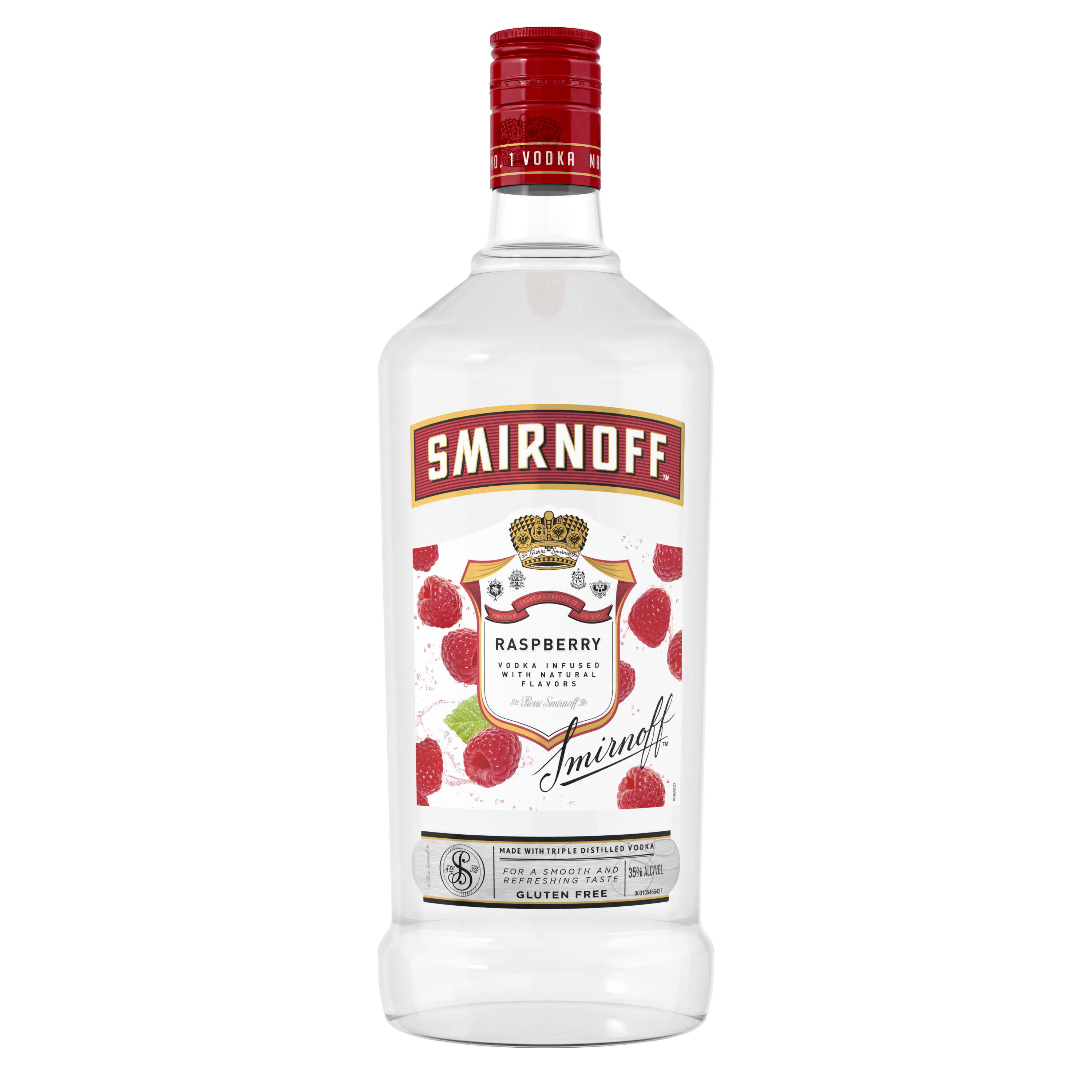 Dive deep into a luscious berry haven with every sip of Smirnoff Raspberry. This vodka-based spirit is a harmonious blend of tart, sweet and smooth, your taste buds are enveloped in a vibrant dance of the finest raspberry flavors. Simply combine with fresh lemon juice and simple syrup for a delicious Raspberry Breeze cocktail or mix with soda water, cranberry juice, or lemonade for a simple and quick mixed drink. The tasty fruity flavors of Smirnoff Raspberry open up a world of endless unique drink ideas. Includes one 1.75 L bottle of Smirnoff Raspberry. Please enjoy responsibly., Tart. Fruity Natural Flavors. One 1.75 L bottle of Smirnoff Raspberry, Gold medal winner at the 2019 SIP Awards, 70 Proofâ€” offering tasty fruity flavors, Perfect for all occasions, everyday celebrations or your next cocktail party, Certified Kosher and gluten-free ensuring every sip welcomes all, Enjoy with your favorite mixers or perfect for sipping solo, Vibrant notes of tart raspberries, balanced with a delicate sweetness and refreshing tang