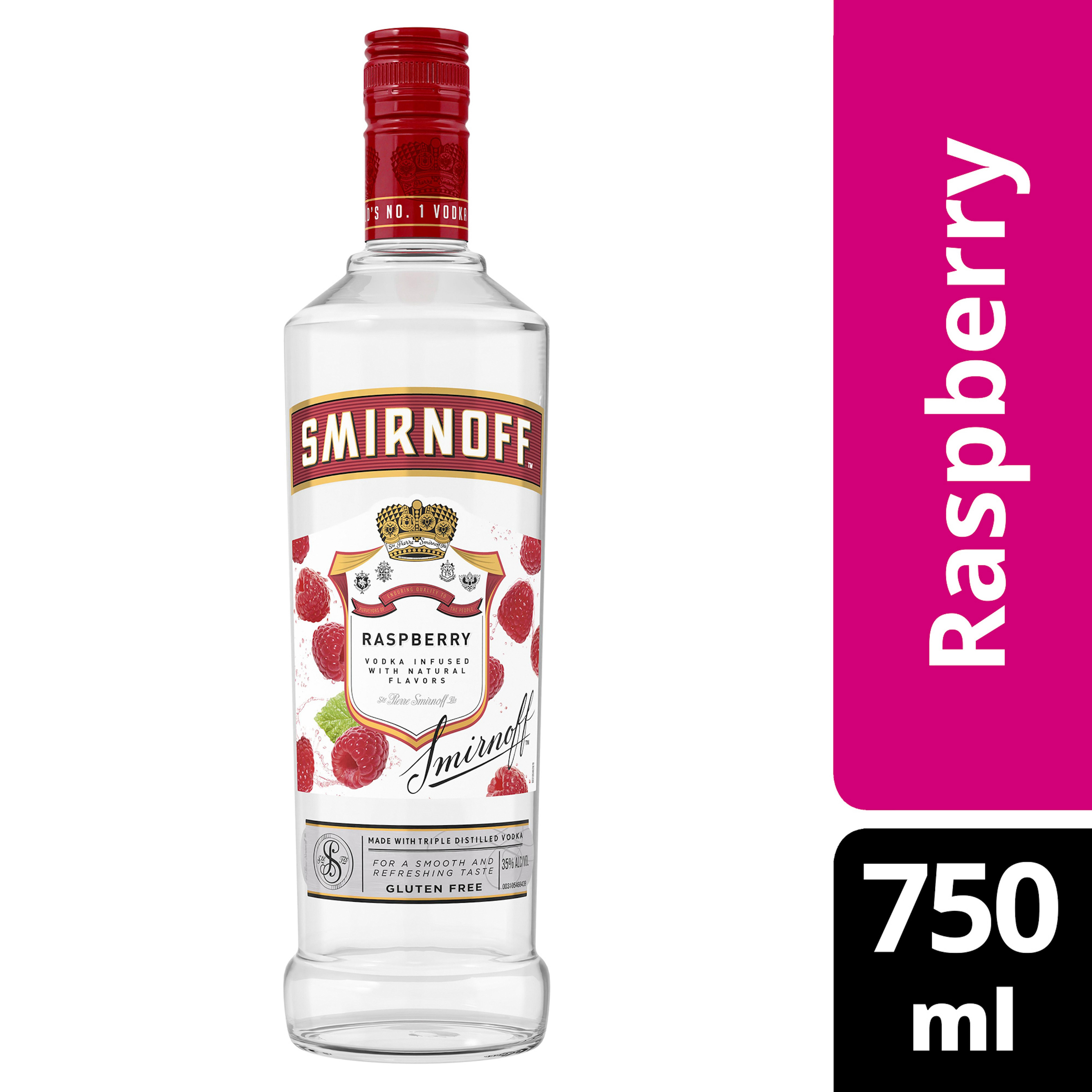 Dive deep into a luscious berry haven with every sip of Smirnoff Raspberry. This vodka-based spirit is a harmonious blend of tart, sweet and smooth, your taste buds are enveloped in a vibrant dance of the finest raspberry flavors. Simply combine with fresh lemon juice and simple syrup for a delicious Raspberry Breeze cocktail or mix with soda water, cranberry juice, or lemonade for a simple and quick mixed drink. The tasty fruity flavors of Smirnoff Raspberry open up a world of endless unique drink ideas. Includes one 750 mL glass bottle of Smirnoff Raspberry. Please enjoy responsibly., Tart. Fruity Natural Flavors. One 750 mL glass bottle of Smirnoff Raspberry, Gold medal winner at the 2019 SIP Awards, 70 Proofâ€” offering tasty fruity flavors, Perfect for all occasions, everyday celebrations or your next cocktail party, Certified Kosher and gluten-free ensuring every sip welcomes all, Enjoy with your favorite mixers or perfect for sipping solo, Vibrant notes of tart raspberries, balanced with a delicate sweetness and refreshing tang