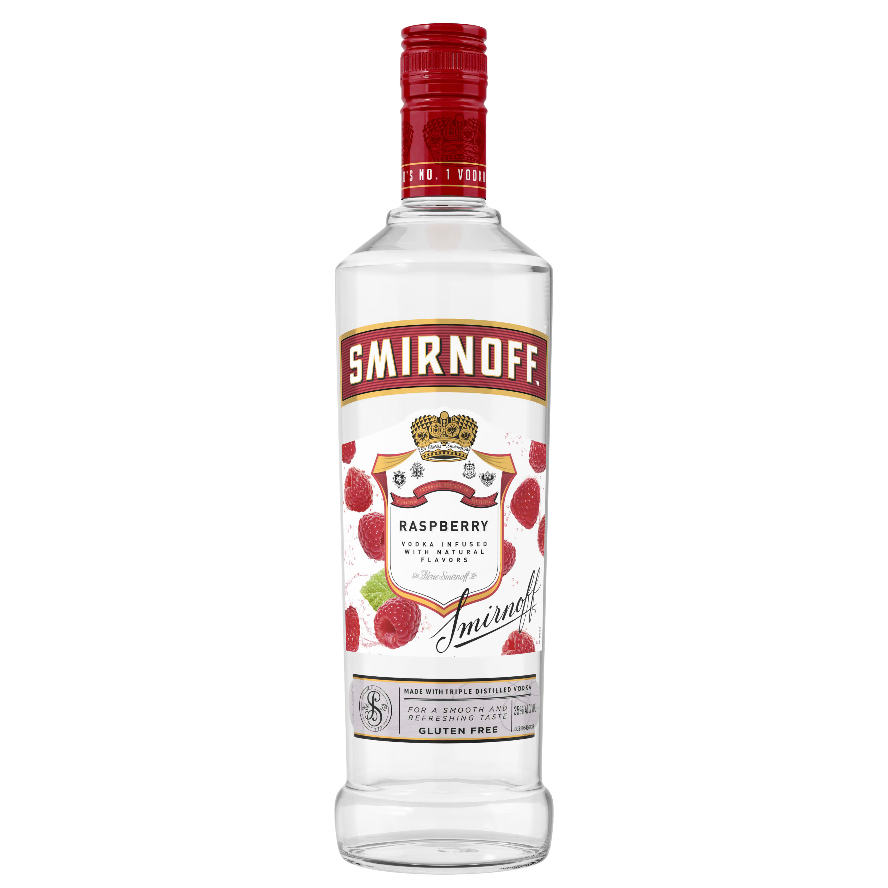Dive deep into a luscious berry haven with every sip of Smirnoff Raspberry. This vodka-based spirit is a harmonious blend of tart, sweet and smooth, your taste buds are enveloped in a vibrant dance of the finest raspberry flavors. Simply combine with fresh lemon juice and simple syrup for a delicious Raspberry Breeze cocktail or mix with soda water, cranberry juice, or lemonade for a simple and quick mixed drink. The tasty fruity flavors of Smirnoff Raspberry open up a world of endless unique drink ideas. Includes one 750 mL glass bottle of Smirnoff Raspberry. Please enjoy responsibly., Tart. Fruity Natural Flavors. One 750 mL glass bottle of Smirnoff Raspberry, Gold medal winner at the 2019 SIP Awards, 70 Proofâ€” offering tasty fruity flavors, Perfect for all occasions, everyday celebrations or your next cocktail party, Certified Kosher and gluten-free ensuring every sip welcomes all, Enjoy with your favorite mixers or perfect for sipping solo, Vibrant notes of tart raspberries, balanced with a delicate sweetness and refreshing tang