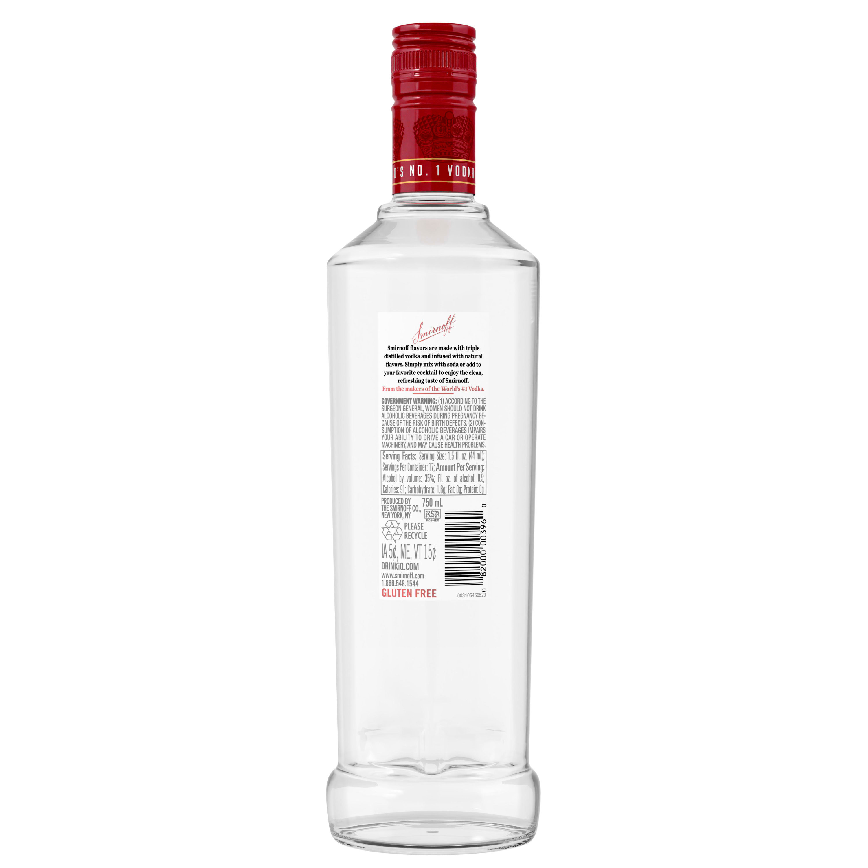 Dive deep into a luscious berry haven with every sip of Smirnoff Raspberry. This vodka-based spirit is a harmonious blend of tart, sweet and smooth, your taste buds are enveloped in a vibrant dance of the finest raspberry flavors. Simply combine with fresh lemon juice and simple syrup for a delicious Raspberry Breeze cocktail or mix with soda water, cranberry juice, or lemonade for a simple and quick mixed drink. The tasty fruity flavors of Smirnoff Raspberry open up a world of endless unique drink ideas. Includes one 750 mL glass bottle of Smirnoff Raspberry. Please enjoy responsibly., Tart. Fruity Natural Flavors. One 750 mL glass bottle of Smirnoff Raspberry, Gold medal winner at the 2019 SIP Awards, 70 Proofâ€” offering tasty fruity flavors, Perfect for all occasions, everyday celebrations or your next cocktail party, Certified Kosher and gluten-free ensuring every sip welcomes all, Enjoy with your favorite mixers or perfect for sipping solo, Vibrant notes of tart raspberries, balanced with a delicate sweetness and refreshing tang
