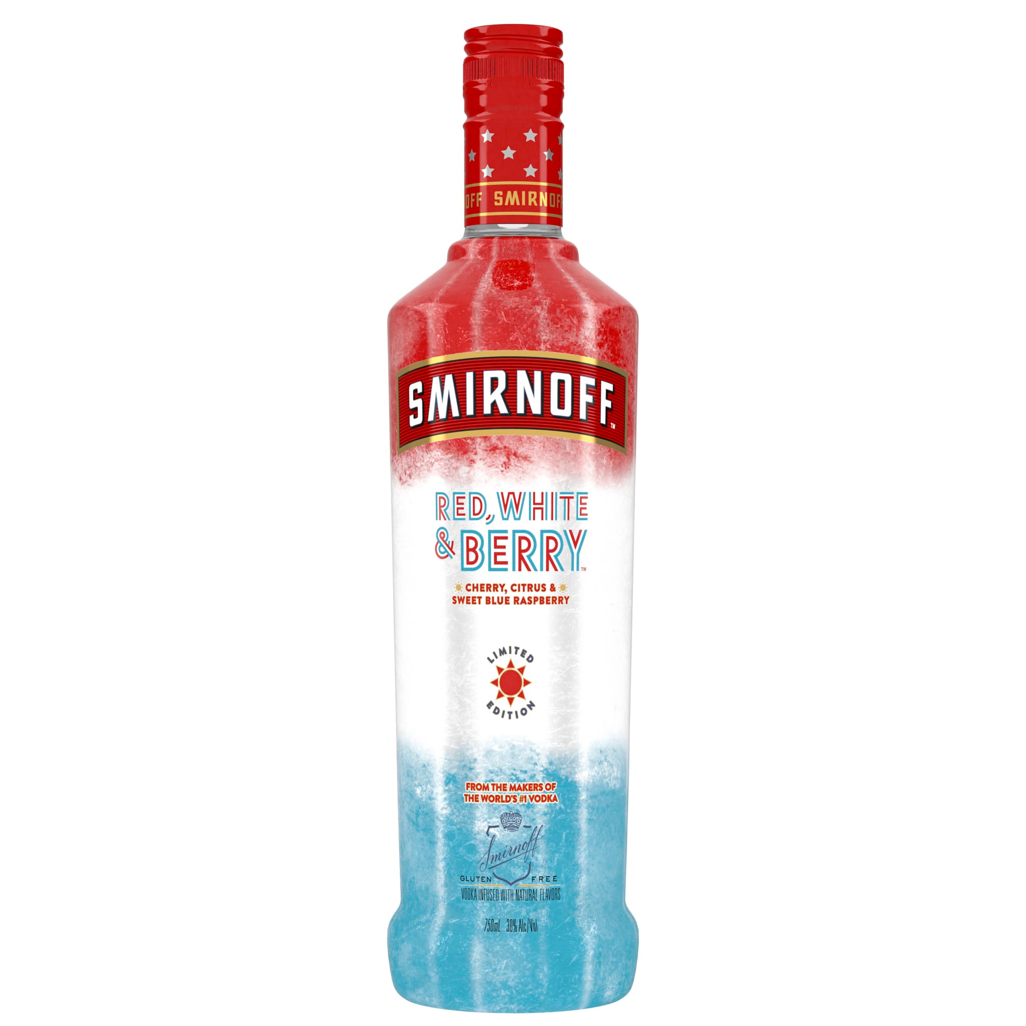 What better way to celebrate freedom than with a patriotic spirit like the limited edition Smirnoff Red White & Berry? Infused with a delicious blend of cherry, citrus and blue raspberry, this gluten-free spirit is ideal for toasting special occasions and works just as well in vibrant cocktails. Mix Smirnoff Red, White & Berry with pink lemonade and garnish with strawberries and lemon for a refreshing-tasting, summery punch. Includes one 60-proof 750 ml bottle of Smirnoff Red White & Berry. Please enjoy responsibly., One 750 mL bottle of Smirnoff Red, White & Berry, Awarded a platinum medal at the 2019 SIP Awards, 60 Proof - with a spirited and full-bodied profile, Ideal for toasting, gifting, and enhancing festivities, Kosher Certified and gluten-free, Enjoy on the rocks or mix to create celebratory cocktails, From the Makers of the World's No. 1 Vodka, A vibrant infusion of zingy citrus, fruity cherry, and sweet blue raspberry flavors.