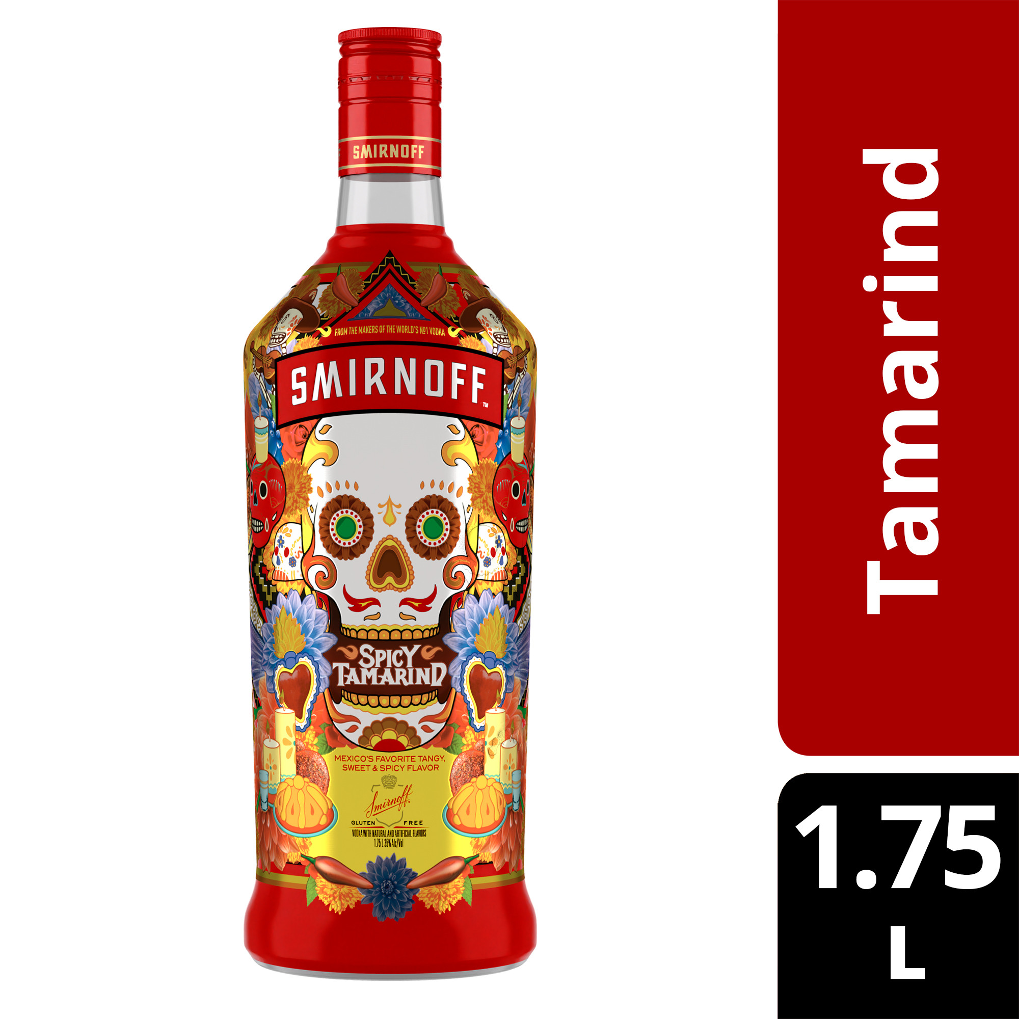 Every sip of Smirnoff Spicy Tamarind is inspired by the vibrant heart of Mexico. A symphony of tangy, sweet, and sour, it echoes the passionate spirit of its inspiration. And just like its rich flavor, the bottle too hides a secretâ€”it glows under black light! It's the soulful drink for the bold and the brave. Includes one 70 proof 1.75 L bottle of Smirnoff Spicy Tamarind. Please drink responsibly., Bold. Brave. Vibrant. One 1.75 L bottle of Smirnoff Spicy Tamarind, Double Gold Award Winner at the 2024 San Francisco World Spirits Competition, 70 Proofâ€”delivering an authentically spirited experience, Added bonus: the bottle glows under black light, Every sip is a celebration, ideal for special occasions, Triple-distilled and masterfully blended for an unmatched smoothness, Smirnoff Spicy Tamarind, inspired by the vibrant heart of Mexico, A symphony of tangy, sweet, and sour