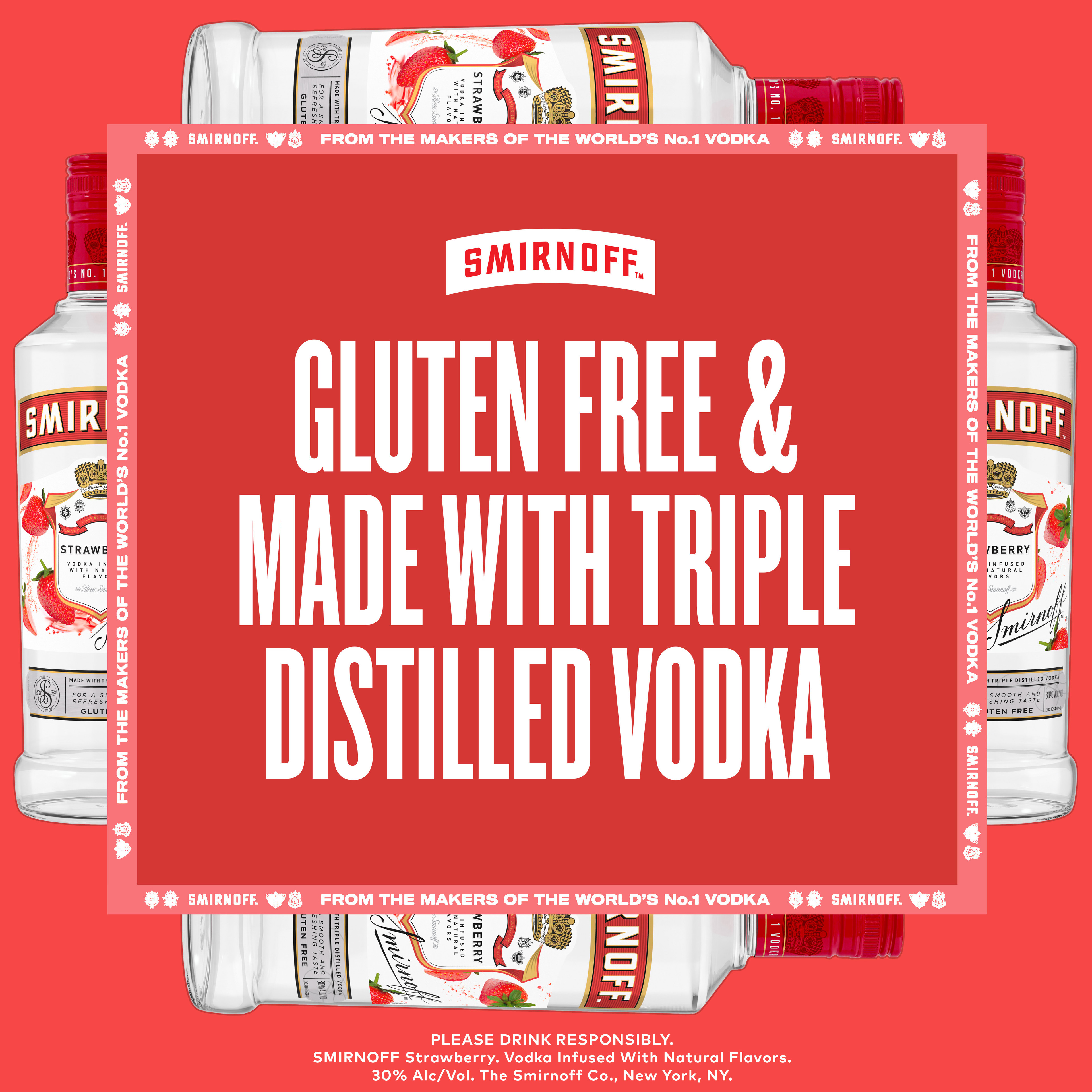 Infused with natural strawberry for a juicy berry finish, Smirnoff Strawberry is perfect for your next cocktail party. This spirit is smooth enough to drink on the rocks or in a round of shots. Simply mix this gluten-free spirit with soda, lemonade, or cranberry juice for a delicately sweet, refreshing-tasting mixed drink that's quick and easy to make. Smirnoff Strawberryâ€™s tasty fruit-infused flavors allow for endless unique drink ideas. Includes one 1.75 L bottle of Smirnoff Strawberry. Please enjoy responsibly., One 1.75 L bottle of Smirnoff Strawberry, 70 Proof, Certified Kosher and gluten free, From the Makers of the World's No. 1 Vodka, Perfect for drinking by itself or mixed into a strawberry lemonade drink