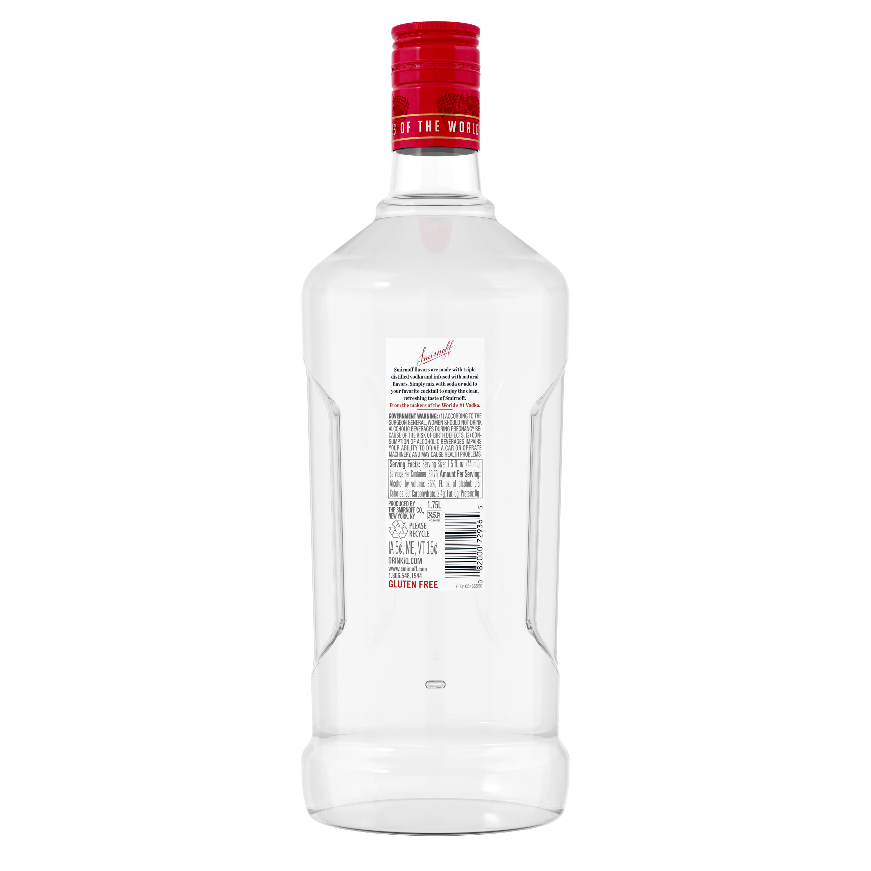 Infused with natural strawberry for a juicy berry finish, Smirnoff Strawberry is perfect for your next cocktail party. This spirit is smooth enough to drink on the rocks or in a round of shots. Simply mix this gluten-free spirit with soda, lemonade, or cranberry juice for a delicately sweet, refreshing-tasting mixed drink that's quick and easy to make. Smirnoff Strawberryâ€™s tasty fruit-infused flavors allow for endless unique drink ideas. Includes one 1.75 L bottle of Smirnoff Strawberry. Please enjoy responsibly., One 1.75 L bottle of Smirnoff Strawberry, 70 Proof, Certified Kosher and gluten free, From the Makers of the World's No. 1 Vodka, Perfect for drinking by itself or mixed into a strawberry lemonade drink
