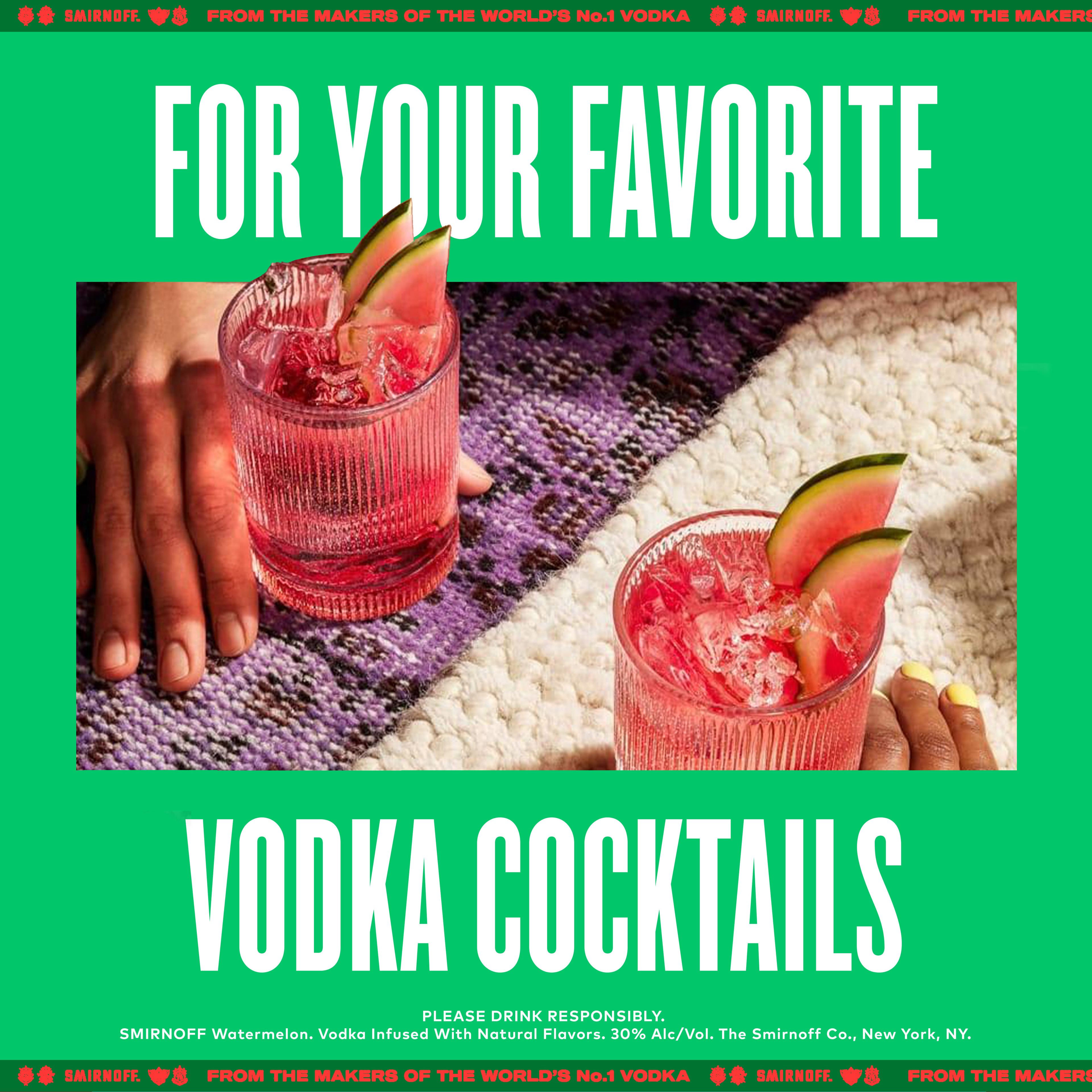 Smirnoff Watermelon is infused with a pink watermelon flavor for a sweet and refreshing taste in all of your drinks. This spirit is smooth enough to drink on the rocks or in a round of shots. Simply combine with watermelon cubes, jalapeno slices, lemon juice, and simple syrup for a Spicy Watermelon mixed drink. It also pairs well with soda water, lemonade, or iced tea for a quick, refreshing-tasting cocktail. Smirnoff Watermelonâ€™s tasty fruit-infused flavors allow for endless unique drink ideas. Includes one 70 proof 1.75 L Glass bottle of Smirnoff Watermelon. Please enjoy responsibly., One 1.75 L  glass bottle of Smirnoff Watermelon, Awarded a gold medal at the 2019 SIP Awards, 70 Proof, Certified Kosher and gluten free, Perfect as a gift or for any celebration, Perfect for drinking on its own or with mixed beverages