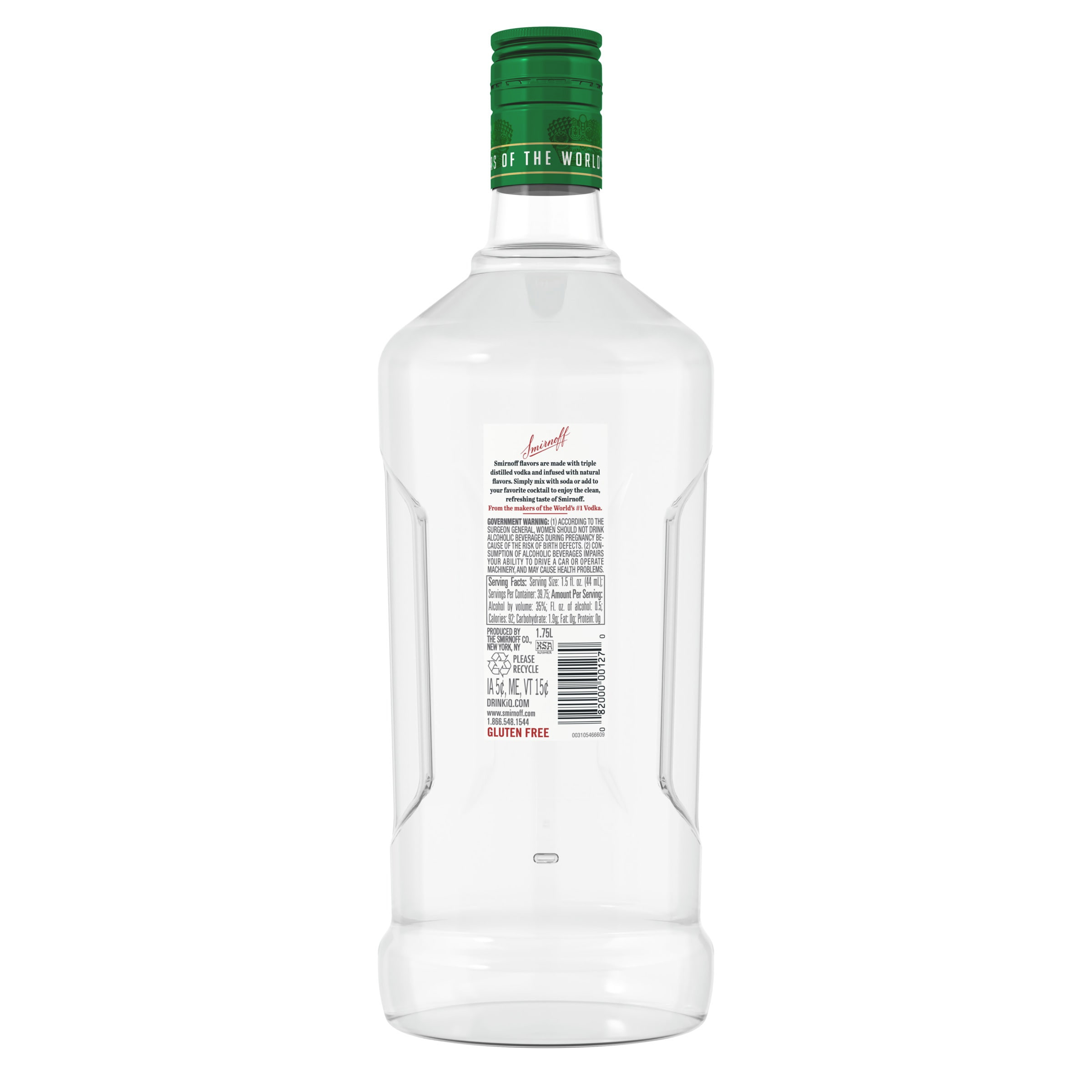 Smirnoff Watermelon is infused with a pink watermelon flavor for a sweet and refreshing taste in all of your drinks. This spirit is smooth enough to drink on the rocks or in a round of shots. Simply combine with watermelon cubes, jalapeno slices, lemon juice, and simple syrup for a Spicy Watermelon mixed drink. It also pairs well with soda water, lemonade, or iced tea for a quick, refreshing-tasting cocktail. Smirnoff Watermelonâ€™s tasty fruit-infused flavors allow for endless unique drink ideas. Includes one 70 proof 1.75 L Glass bottle of Smirnoff Watermelon. Please enjoy responsibly., One 1.75 L  glass bottle of Smirnoff Watermelon, Awarded a gold medal at the 2019 SIP Awards, 70 Proof, Certified Kosher and gluten free, Perfect as a gift or for any celebration, Perfect for drinking on its own or with mixed beverages