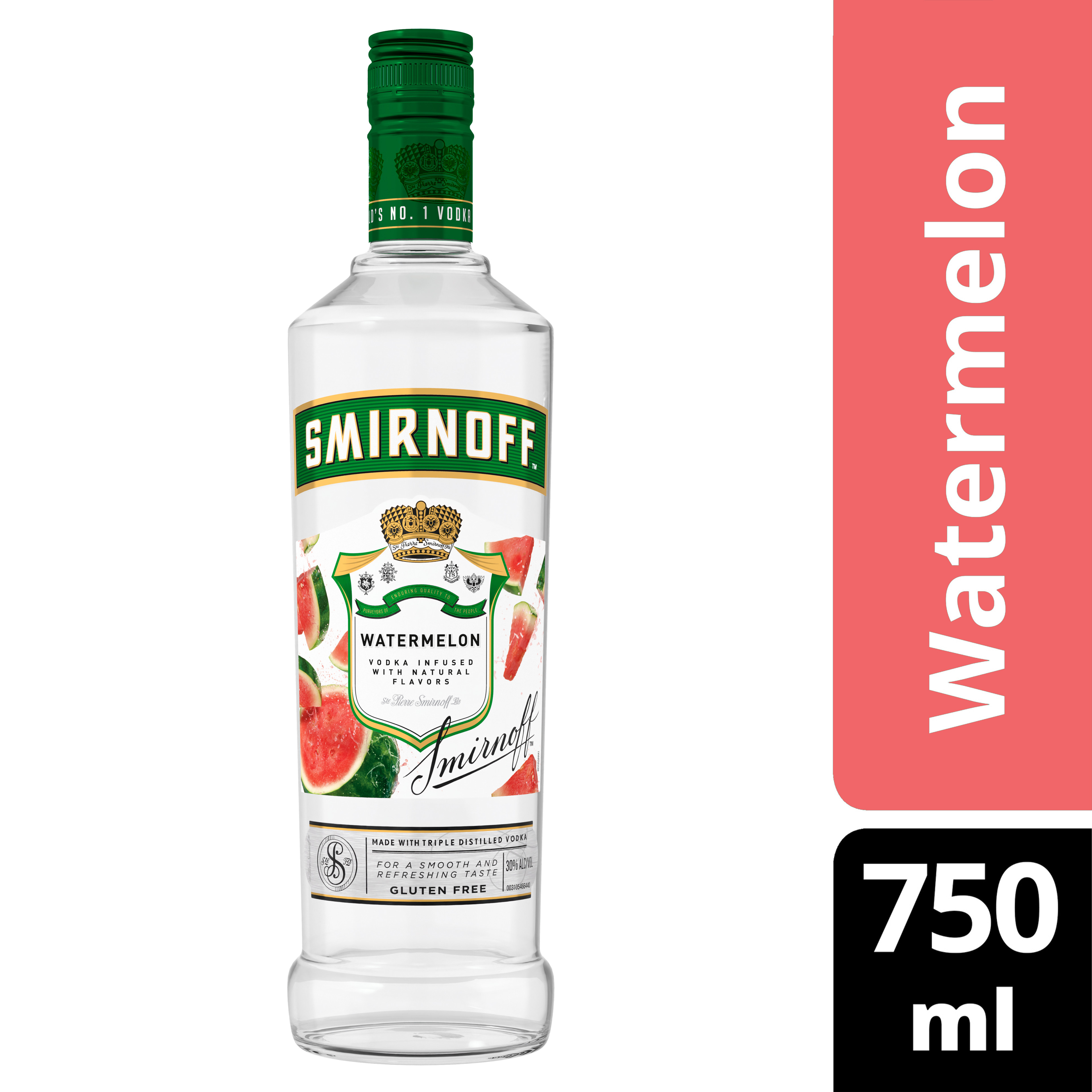Be instantly transported to summer days with the delicious taste of Smirnoff Watermelon. Infused with juicy pink watermelon flavor, this luscious spirit offers a sweet yet refreshing taste, perfect for sipping on the rocks or even as a round of shots. Pair with soda water, lemonade, or even iced tea, and for a Spicy Watermelon cocktail blend with watermelon cubes, jalapeno slices, sugar syrup, and lemon juice. Smirnoff Watermelonâ€™s tasty fruit-infused flavors allow for endless unique drink ideas and are made for all occasions. Includes one 60 proof 750 mL bottle of Smirnoff Watermelon. Please enjoy responsibly., One 750 mL bottle of Smirnoff Watermelon, Awarded a gold medal at the 2019 SIP Awards, 60-proof - offering a fruity flavored experience, Certified Kosher and gluten free, Perfect as a gift or for any celebration, Perfect for drinking on its own or with mixed beverages, From the Makers of the Worldâ€™s No. 1 Vodka, Juicy and tantalizing, this vodka-based watermelon flavored will have you coming back for more