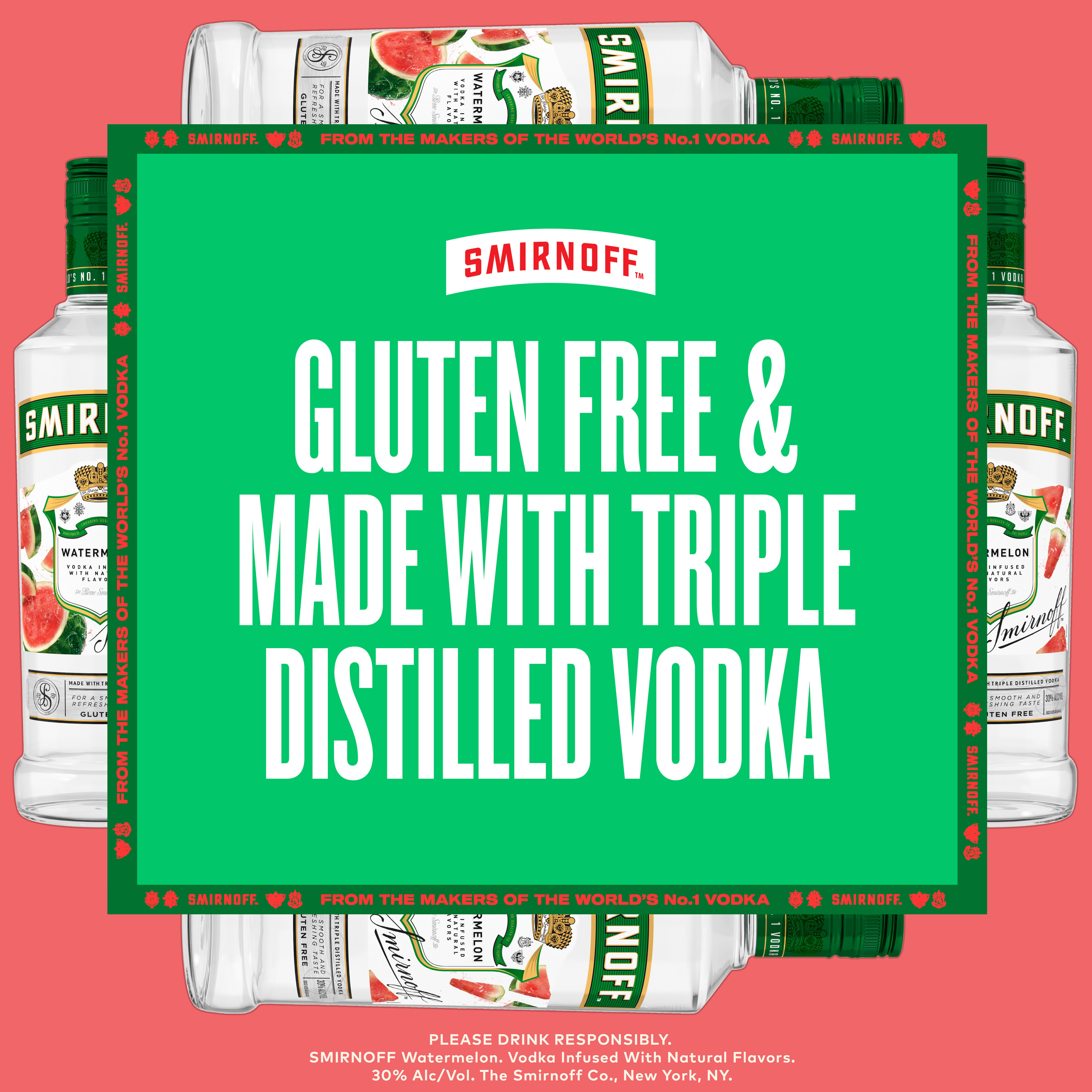 Be instantly transported to summer days with the delicious taste of Smirnoff Watermelon. Infused with juicy pink watermelon flavor, this luscious spirit offers a sweet yet refreshing taste, perfect for sipping on the rocks or even as a round of shots. Pair with soda water, lemonade, or even iced tea, and for a Spicy Watermelon cocktail blend with watermelon cubes, jalapeno slices, sugar syrup, and lemon juice. Smirnoff Watermelonâ€™s tasty fruit-infused flavors allow for endless unique drink ideas and are made for all occasions. Includes one 60 proof 750 mL bottle of Smirnoff Watermelon. Please enjoy responsibly., One 750 mL bottle of Smirnoff Watermelon, Awarded a gold medal at the 2019 SIP Awards, 60-proof - offering a fruity flavored experience, Certified Kosher and gluten free, Perfect as a gift or for any celebration, Perfect for drinking on its own or with mixed beverages, From the Makers of the Worldâ€™s No. 1 Vodka, Juicy and tantalizing, this vodka-based watermelon flavored will have you coming back for more