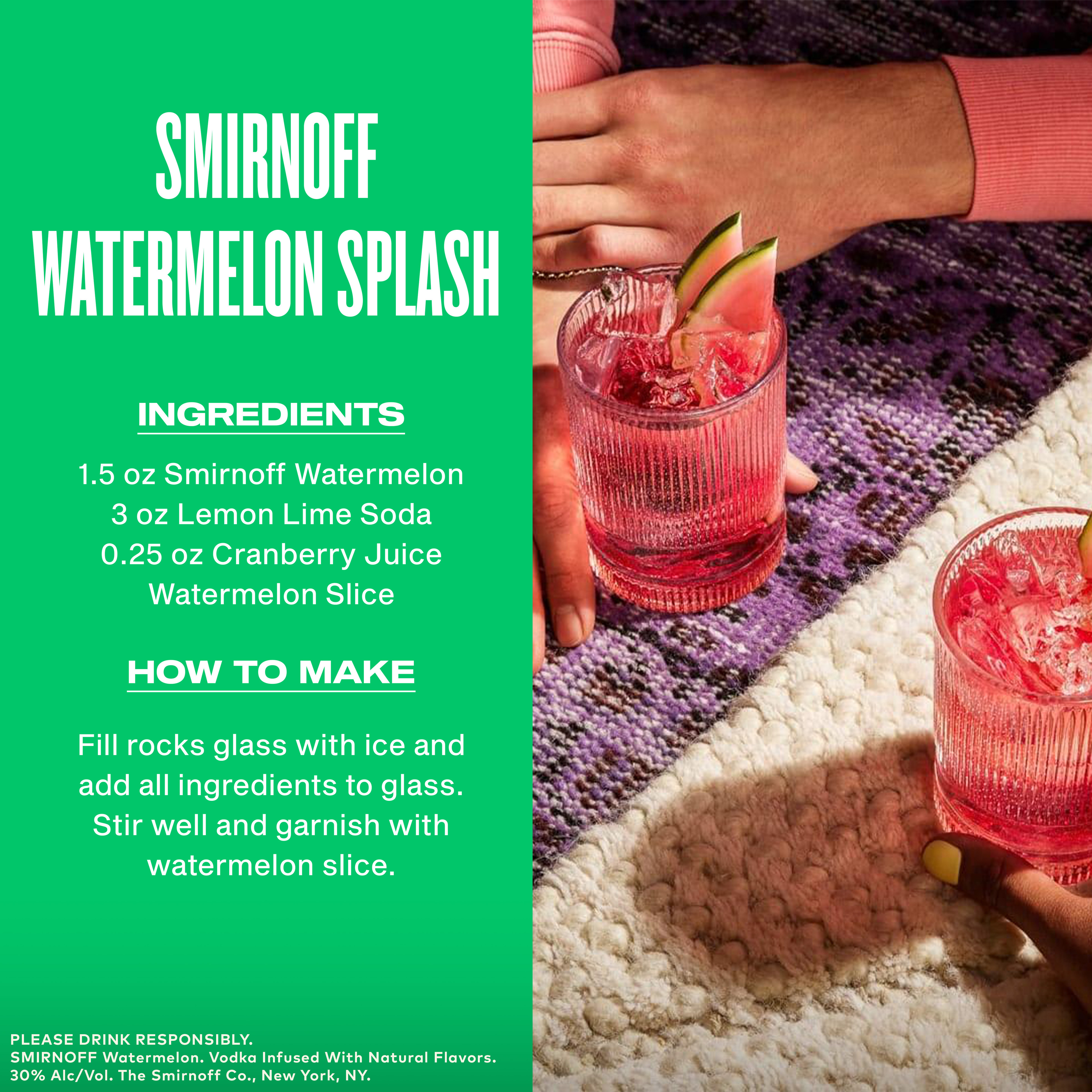 Be instantly transported to summer days with the delicious taste of Smirnoff Watermelon. Infused with juicy pink watermelon flavor, this luscious spirit offers a sweet yet refreshing taste, perfect for sipping on the rocks or even as a round of shots. Pair with soda water, lemonade, or even iced tea, and for a Spicy Watermelon cocktail blend with watermelon cubes, jalapeno slices, sugar syrup, and lemon juice. Smirnoff Watermelonâ€™s tasty fruit-infused flavors allow for endless unique drink ideas and are made for all occasions. Includes one 60 proof 750 mL bottle of Smirnoff Watermelon. Please enjoy responsibly., One 750 mL bottle of Smirnoff Watermelon, Awarded a gold medal at the 2019 SIP Awards, 60-proof - offering a fruity flavored experience, Certified Kosher and gluten free, Perfect as a gift or for any celebration, Perfect for drinking on its own or with mixed beverages, From the Makers of the Worldâ€™s No. 1 Vodka, Juicy and tantalizing, this vodka-based watermelon flavored will have you coming back for more