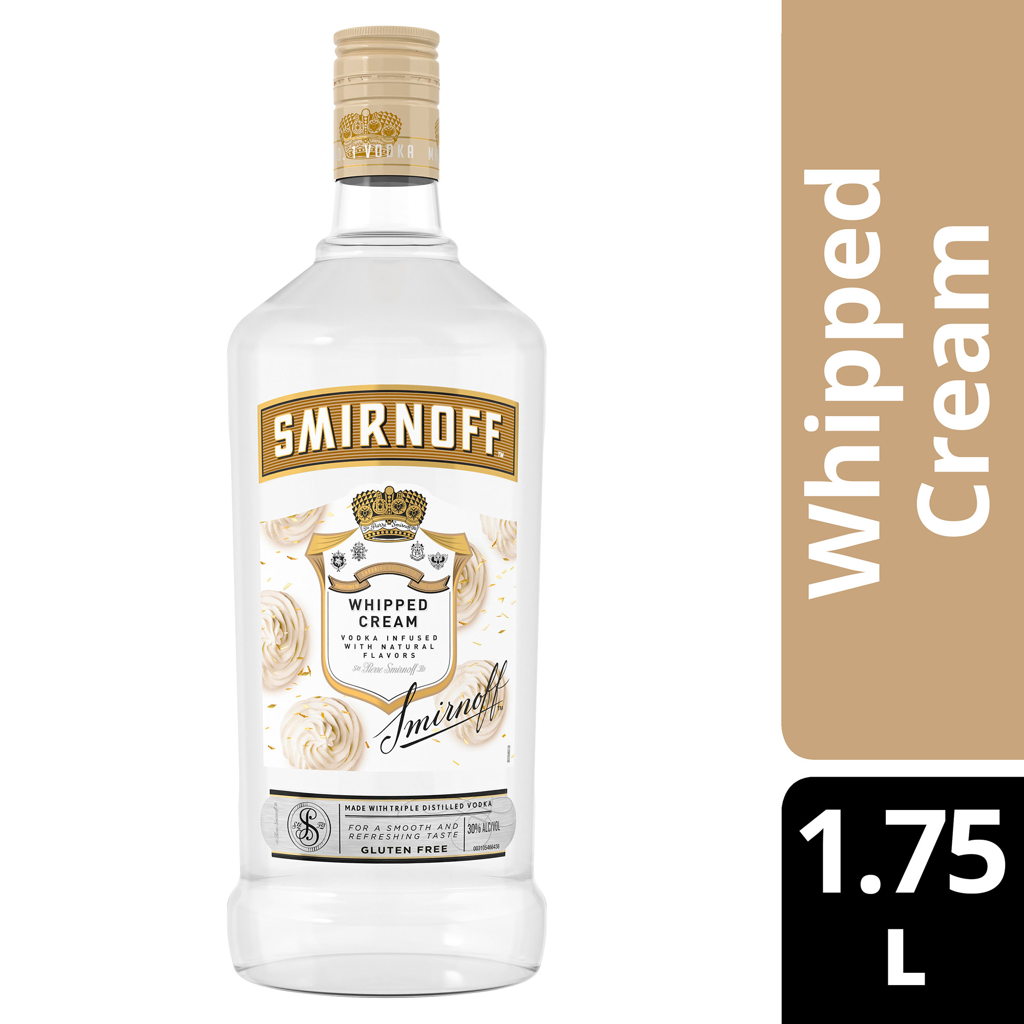 Smirnoff Whipped Cream is perfect for your next cocktail party, infused with the confectionary taste of whipped cream for a light and decadent taste. This spirit is smooth enough to drink on the rocks or in a round of shots. Simply mix with coffee, root beer, or ginger ale for a creamy, sweet party drink that's quick and easy to make. Smirnoff Whipped Creamâ€™s rich infused flavor allows for endless unique drink ideas. Includes one 60 proof 1.75 L bottle of Smirnoff Whipped Cream. Please enjoy responsibly., One 1.75 L bottle of Smirnoff Whipped Cream, 60 Proof, Certified Kosher and gluten free, From the Makers of the World's No. 1 Vodka, Perfect for drinking on its own or with mixed beverages
