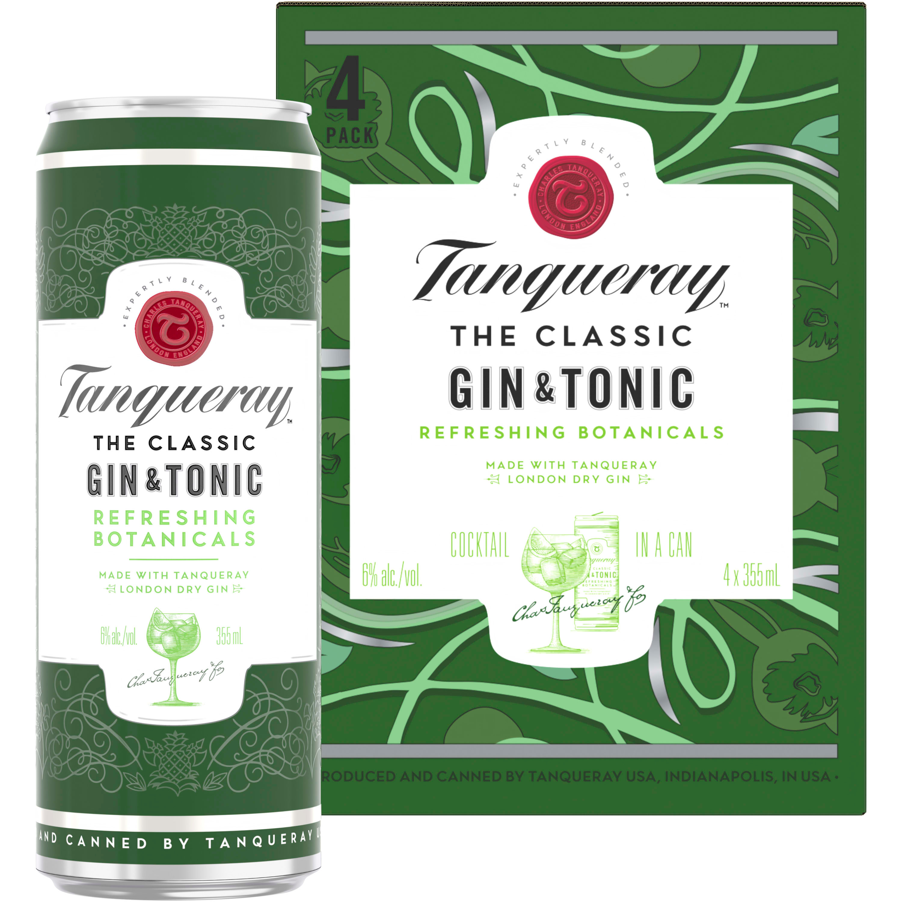 Unwind with a bartender quality cocktail in a ready-to-enjoy can with Tanqueray London Dry Gin & Tonic. A perfect mix of Tanqueray London Dry Gin and signature crafted tonic, this delicious, balanced cocktail is expertly prepared and beautifully presented in a slim can. To enjoy, simply pour into an ice-filled wine glass and garnish with a lime wheel. Includes one 6% alc./vol. 12 fl oz can of London Dry Gin & Tonic. Please drink responsibly., Four 12 fl oz cans of Tanqueray London Dry Gin & Tonic, Delicious and refreshing-tasting, Ready-to-serve and perfect for an evening in