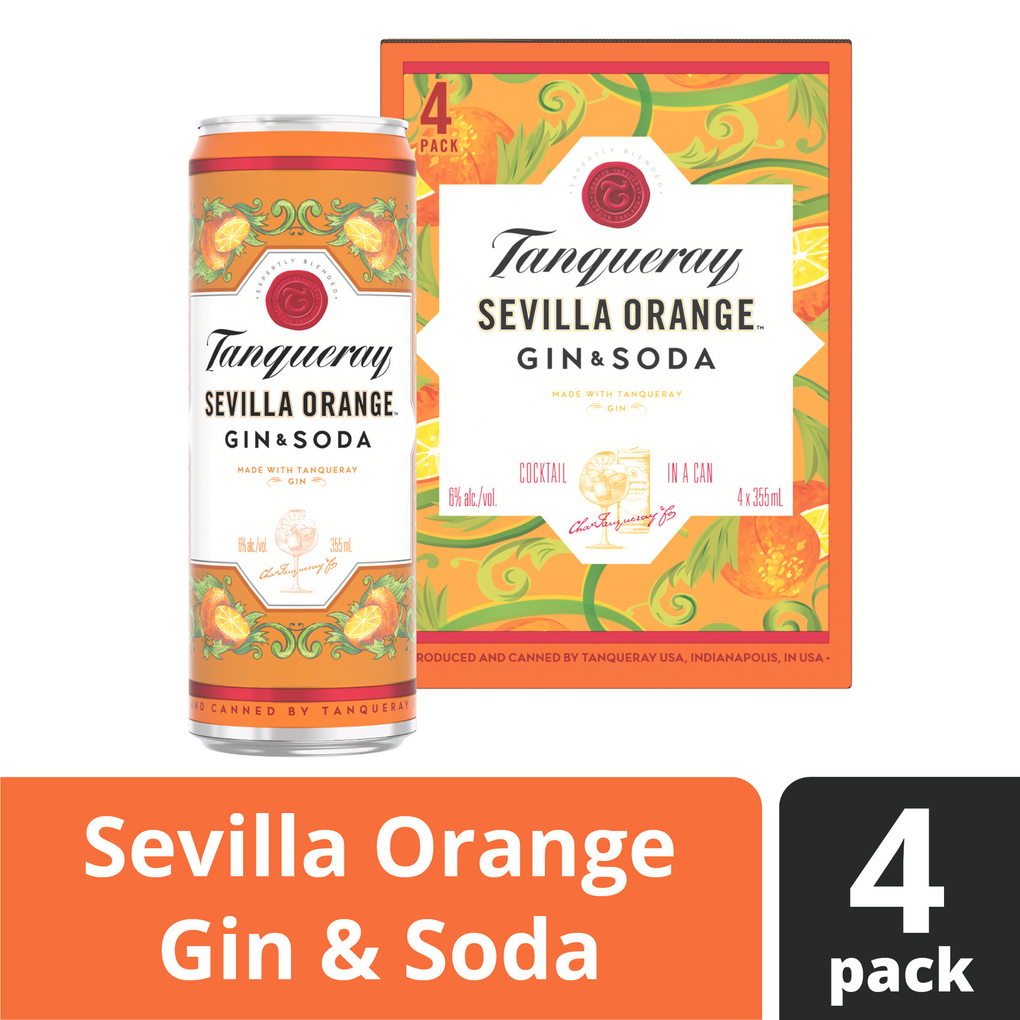 Shockingly smooth and surprisingly light, Tanqueray Sevilla Orange Gin & Soda offers a zesty new way to enjoy gin. Inspired by Charles Tanqueray's original recipes, this expertly crafted ready-to-enjoy cocktail is a perfect infusion of Tanqueray Gin, orange essence and our signature sparkling soda water. The result is a unique, smooth and delicious taste experience beautifully presented in a slim can. To enjoy, simply pour into an ice-filled wine glass and garnish with a slice of orange. Includes four 6% alc./vol. 12 fl oz cans of Sevilla Orange Gin & Soda. Please drink responsibly., Four 12 fl oz cans of Tanqueray Sevilla Orange Gin & Soda, Shockingly smooth and surprisingly light