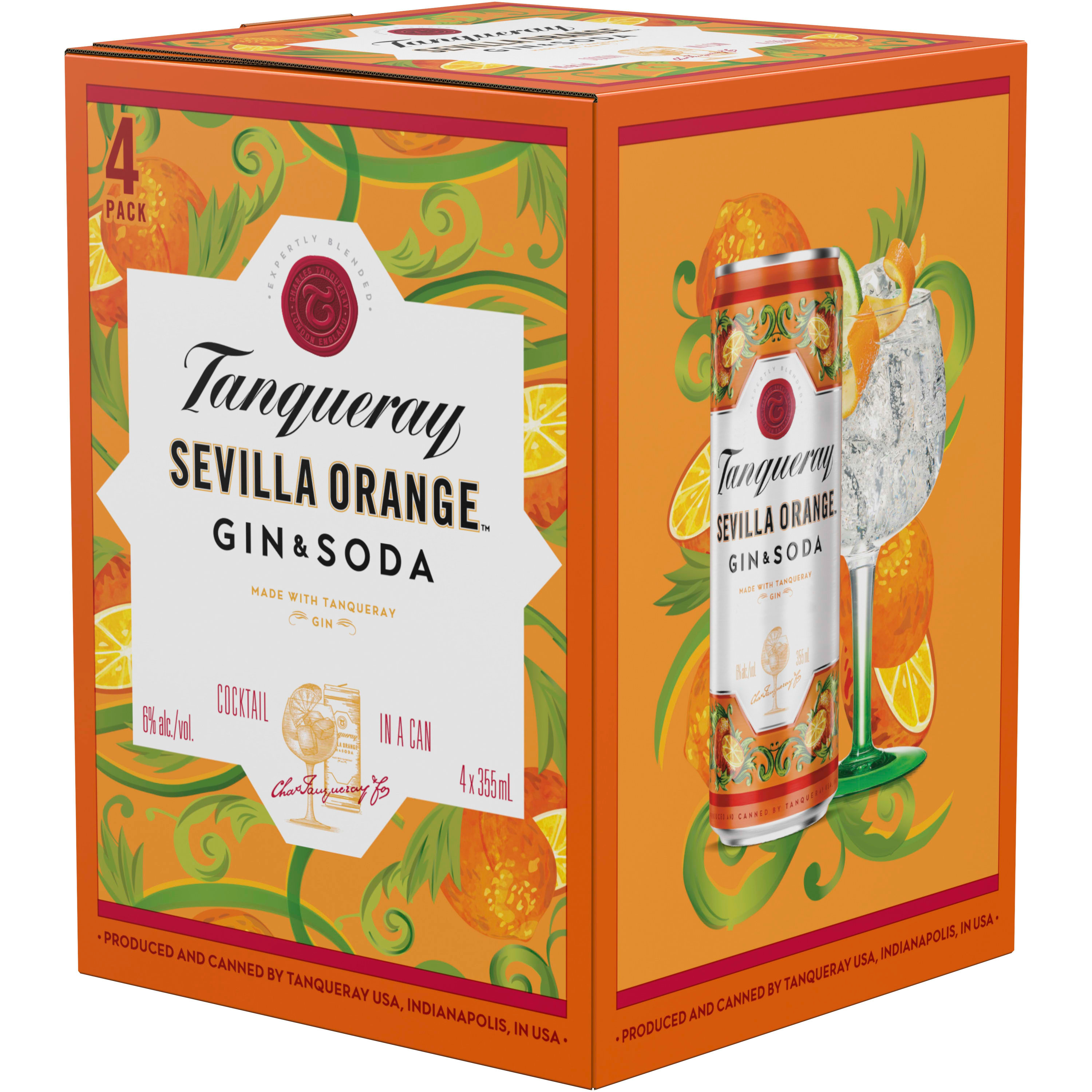 Shockingly smooth and surprisingly light, Tanqueray Sevilla Orange Gin & Soda offers a zesty new way to enjoy gin. Inspired by Charles Tanqueray's original recipes, this expertly crafted ready-to-enjoy cocktail is a perfect infusion of Tanqueray Gin, orange essence and our signature sparkling soda water. The result is a unique, smooth and delicious taste experience beautifully presented in a slim can. To enjoy, simply pour into an ice-filled wine glass and garnish with a slice of orange. Includes four 6% alc./vol. 12 fl oz cans of Sevilla Orange Gin & Soda. Please drink responsibly., Four 12 fl oz cans of Tanqueray Sevilla Orange Gin & Soda, Shockingly smooth and surprisingly light