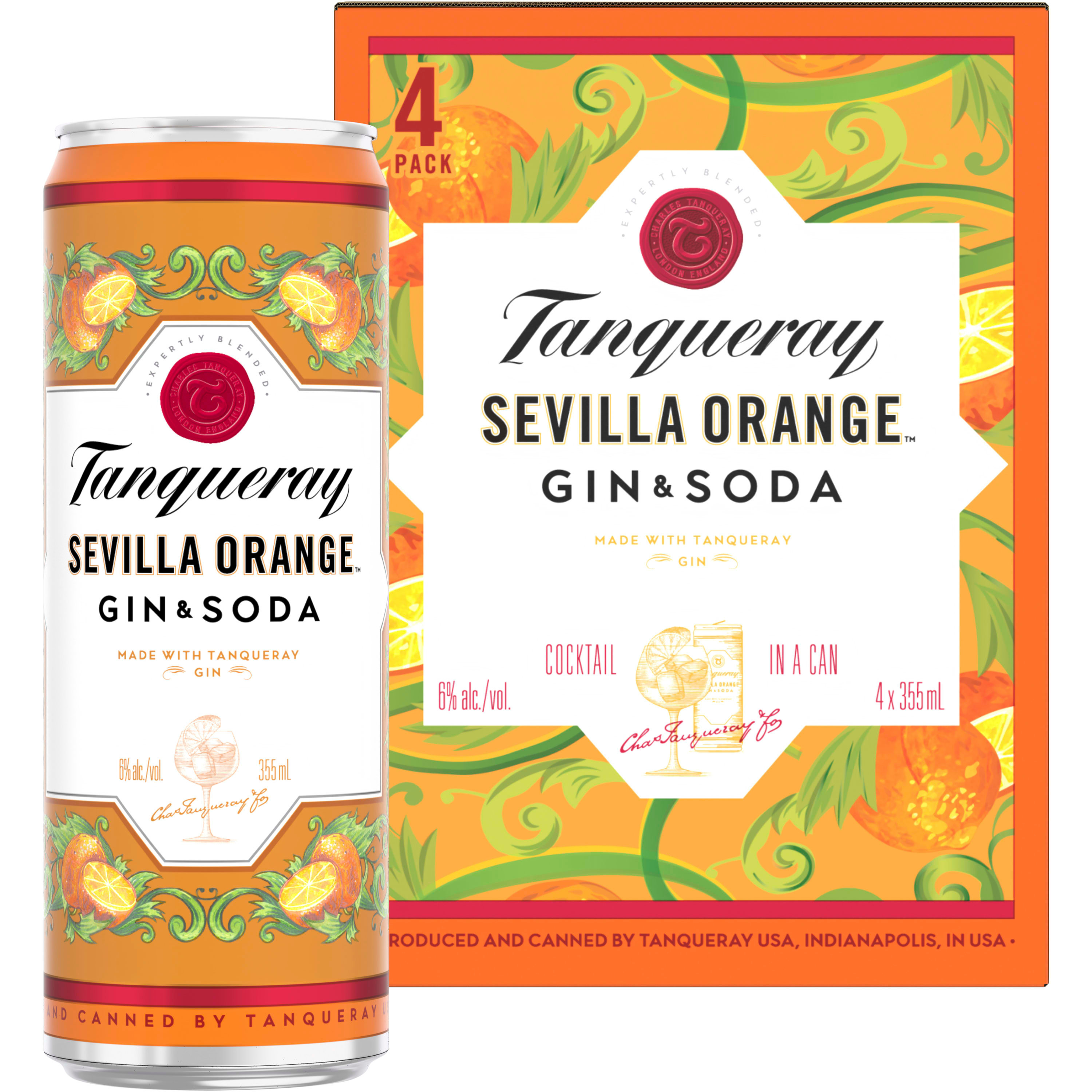 Shockingly smooth and surprisingly light, Tanqueray Sevilla Orange Gin & Soda offers a zesty new way to enjoy gin. Inspired by Charles Tanqueray's original recipes, this expertly crafted ready-to-enjoy cocktail is a perfect infusion of Tanqueray Gin, orange essence and our signature sparkling soda water. The result is a unique, smooth and delicious taste experience beautifully presented in a slim can. To enjoy, simply pour into an ice-filled wine glass and garnish with a slice of orange. Includes four 6% alc./vol. 12 fl oz cans of Sevilla Orange Gin & Soda. Please drink responsibly., Four 12 fl oz cans of Tanqueray Sevilla Orange Gin & Soda, Shockingly smooth and surprisingly light