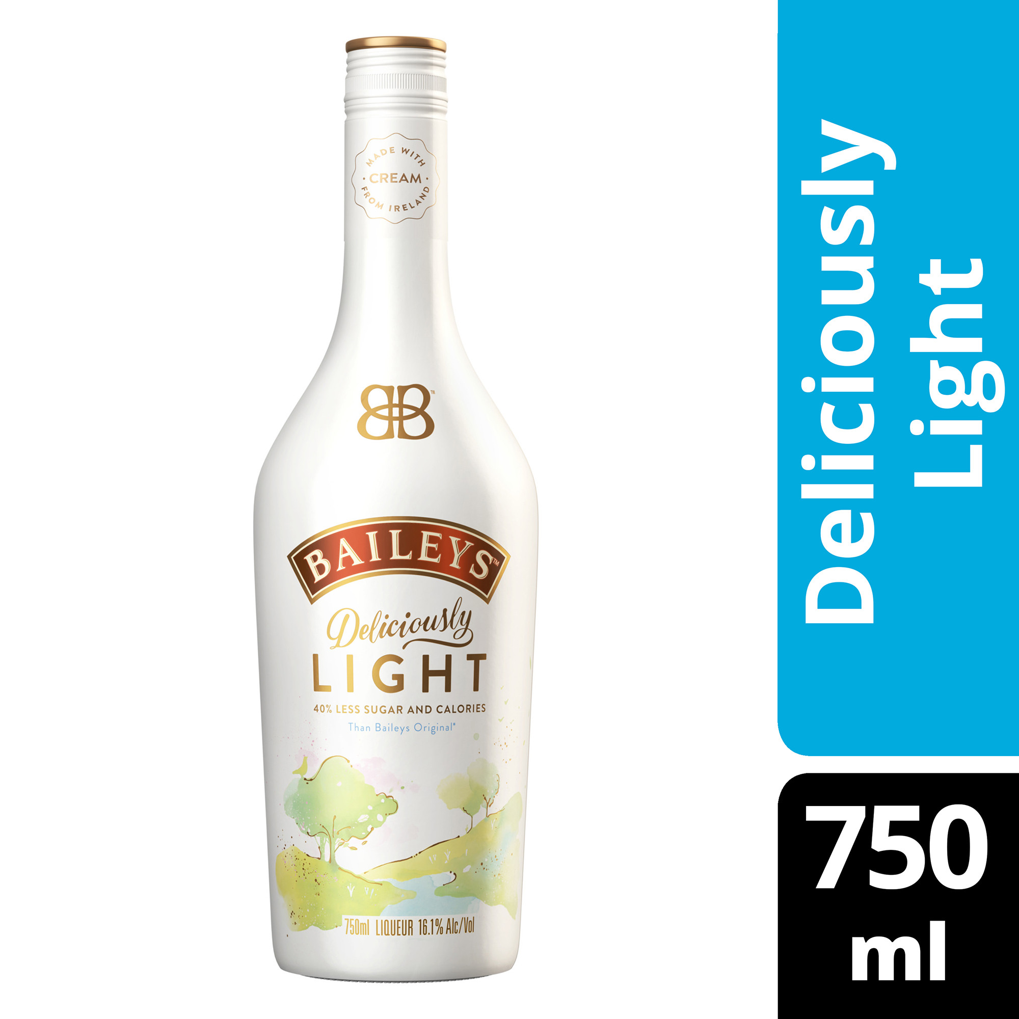 Indulge but keep it light with Baileys Deliciously Light. We've combined cream from Ireland and the rich cocoa and vanilla flavors of Baileys to create a sweet treat with 40% fewer calories and 40% fewer grams of sugar than Baileys Original Irish Cream.* Whether you're enjoying a light brunch or a relaxing evening at home, the silky vanilla and rich chocolate flavors of Baileys Deliciously Light are ready to make everyday moments a treat. Looking for a delicious low-calorie dessert option or after-dinner drink? Baileys Deliciously Light is the perfect choice. Includes one 32.2 proof 750 mL bottle of Baileys Deliciously Light.

*Per 2.5 fl oz - Average Analysis: Calories - 139; Carbohydrates - 9.3g; Fat - 3.7g. Please enjoy responsibly., One 750 mL bottle of Baileys Deliciously Light, San Francisco World Spirits Competition Double Gold Medal Winner, 32.2 proof, A perfect light-tasting indulgence that make everyday moments a treat, Made with natural flavors and no artificial sweeteners, Enjoy over ice, in coffee or your favorite cocktail, 40% fewer calories and 40% fewer grams of sugar than Baileys Original Irish Cream, Velvety smooth chocolate and vanilla taste, with a silky, warming finish of whiskey and cream