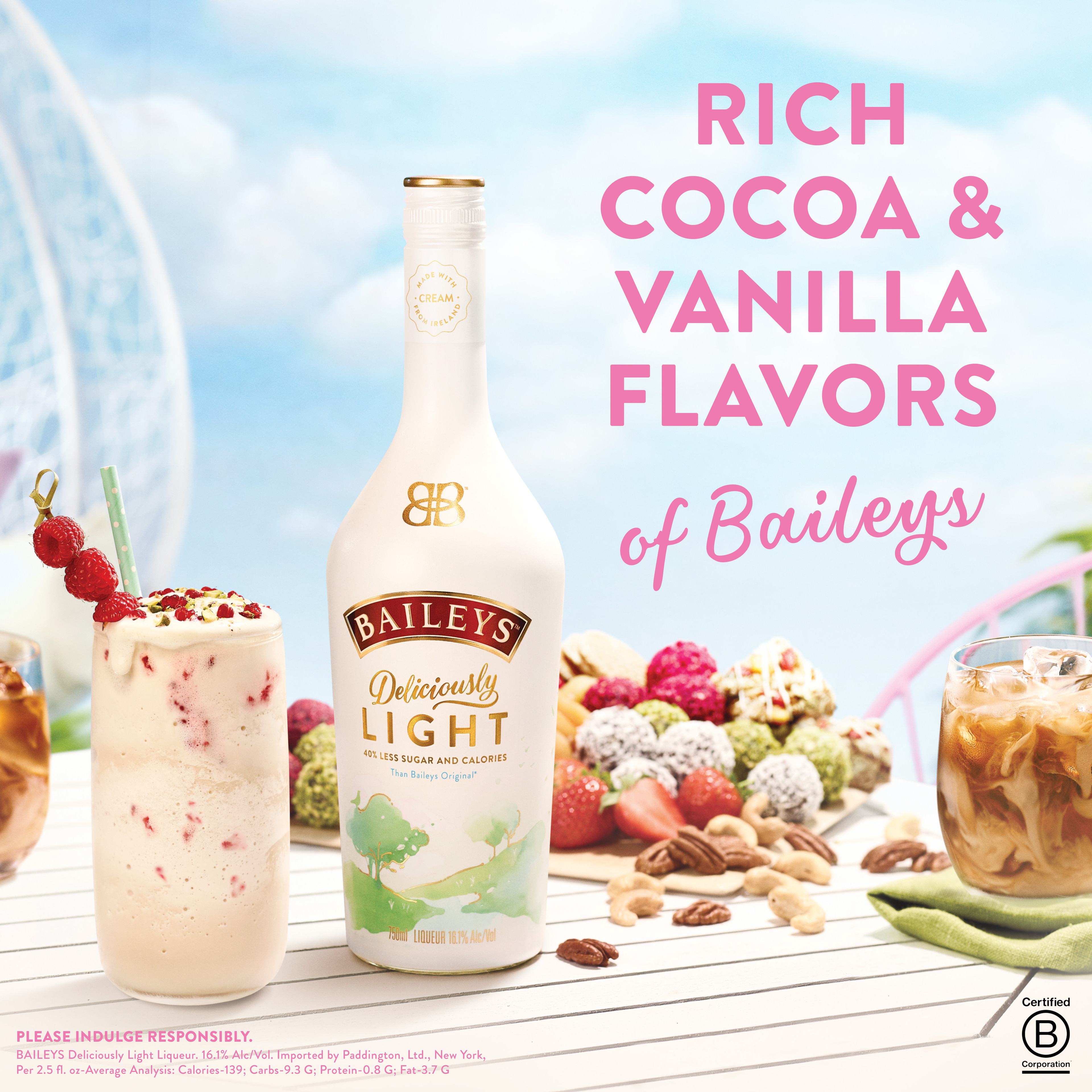 Indulge but keep it light with Baileys Deliciously Light. We've combined cream from Ireland and the rich cocoa and vanilla flavors of Baileys to create a sweet treat with 40% fewer calories and 40% fewer grams of sugar than Baileys Original Irish Cream.* Whether you're enjoying a light brunch or a relaxing evening at home, the silky vanilla and rich chocolate flavors of Baileys Deliciously Light are ready to make everyday moments a treat. Looking for a delicious low-calorie dessert option or after-dinner drink? Baileys Deliciously Light is the perfect choice. Includes one 32.2 proof 750 mL bottle of Baileys Deliciously Light.

*Per 2.5 fl oz - Average Analysis: Calories - 139; Carbohydrates - 9.3g; Fat - 3.7g. Please enjoy responsibly., One 750 mL bottle of Baileys Deliciously Light, San Francisco World Spirits Competition Double Gold Medal Winner, 32.2 proof, A perfect light-tasting indulgence that make everyday moments a treat, Made with natural flavors and no artificial sweeteners, Enjoy over ice, in coffee or your favorite cocktail, 40% fewer calories and 40% fewer grams of sugar than Baileys Original Irish Cream, Velvety smooth chocolate and vanilla taste, with a silky, warming finish of whiskey and cream