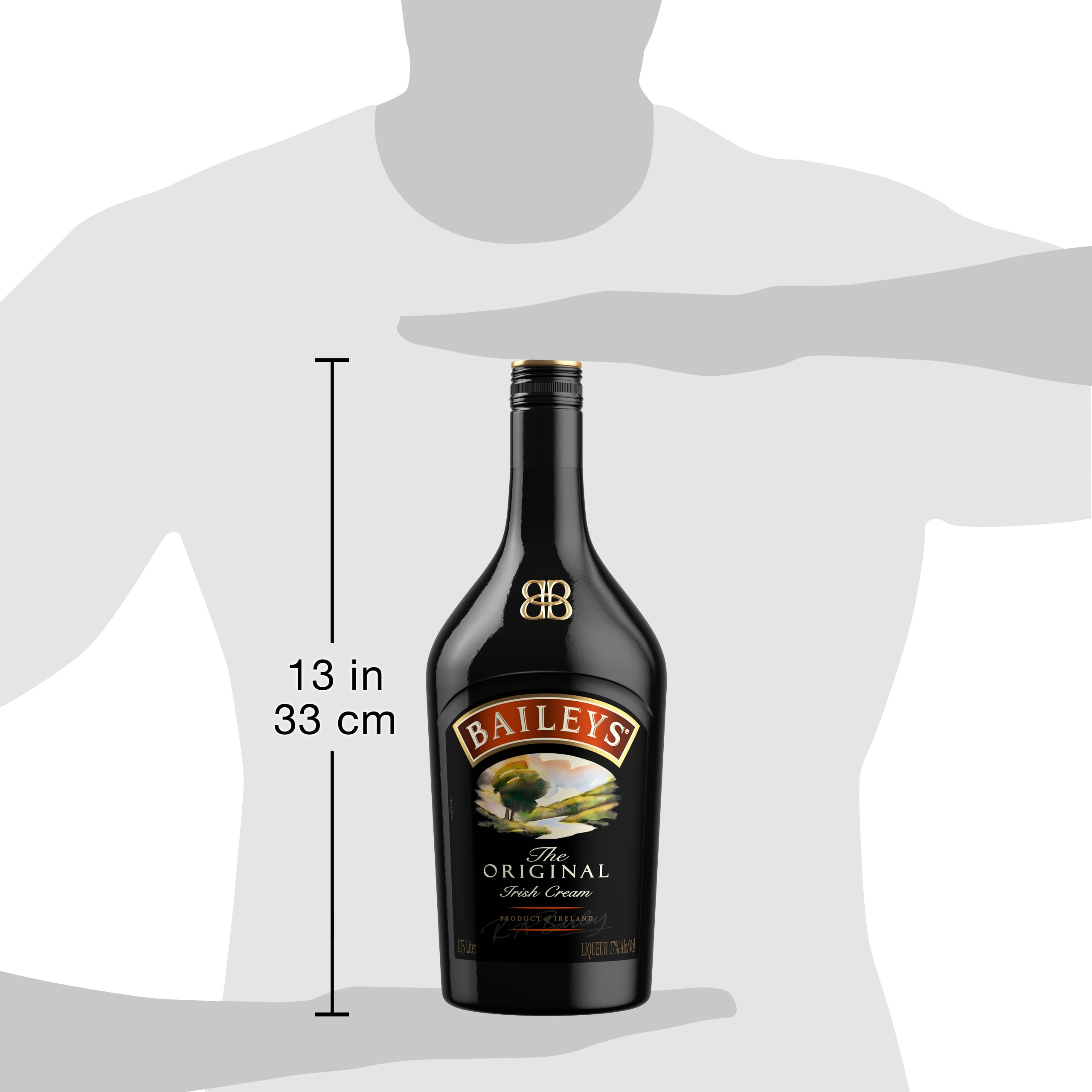 Our 34 proof liqueur is the perfect marriage of premium Irish dairy cream and a unique chocolate and vanilla blend for a decadent taste. The blend of spirits and whiskey uniquely preserves the classic taste of the Irish cream. Best enjoyed in a spiked coffee cocktail. Includes one 34 proof 1.75 L bottle of Original Irish Cream Liqueur. Please drink responsibly., One 1.75 L bottle of Baileys Original Irish Cream Liqueur, 34 proof, Brings the spirit of Ireland to any celebration, A perfect addition to coffee, hot chocolate, or any dessert, Ranked as the worldâ€™s number one selling liqueur and cream liqueur brand, Combines the flavors of vanilla, chocolate and Irish cream to create a decadent taste