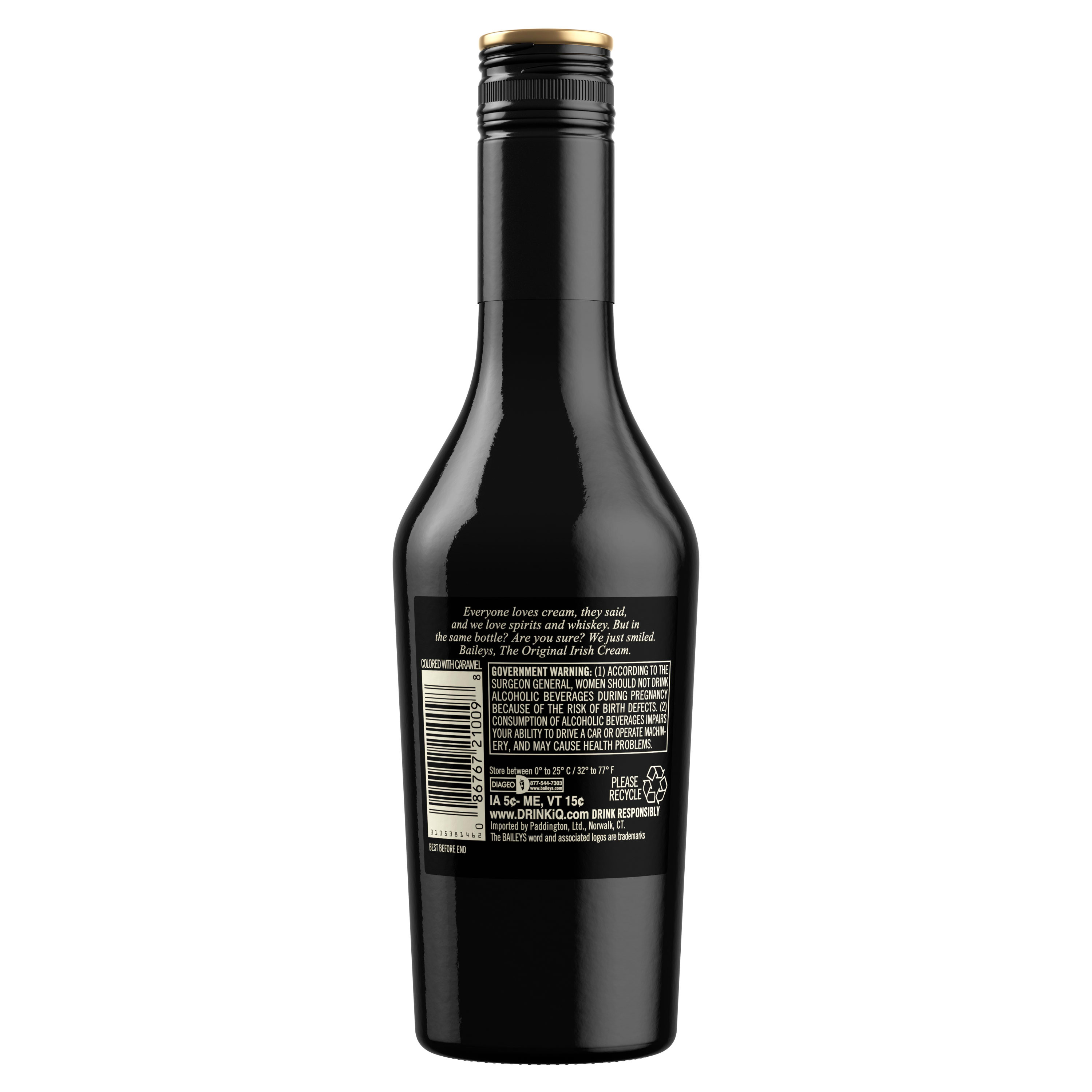 Our 34 proof liqueur is the perfect marriage of premium Irish dairy cream and a unique chocolate and vanilla blend for a decadent taste. The blend of spirits and whiskey uniquely preserves the classic taste of the Irish cream. Best enjoyed in a spiked coffee cocktail. Includes one 34 proof 375 mL bottle of Original Irish Cream Liqueur. Please drink responsibly., One 375 mL bottle of Baileys Original Irish Cream Liqueur, 34 proof, Brings the spirit of Ireland to any celebration, A perfect addition to coffee, hot chocolate, or any dessert, Ranked as the worldâ€™s number one selling liqueur and cream liqueur brand, Combines the flavors of vanilla, chocolate and Irish cream to create a decadent taste