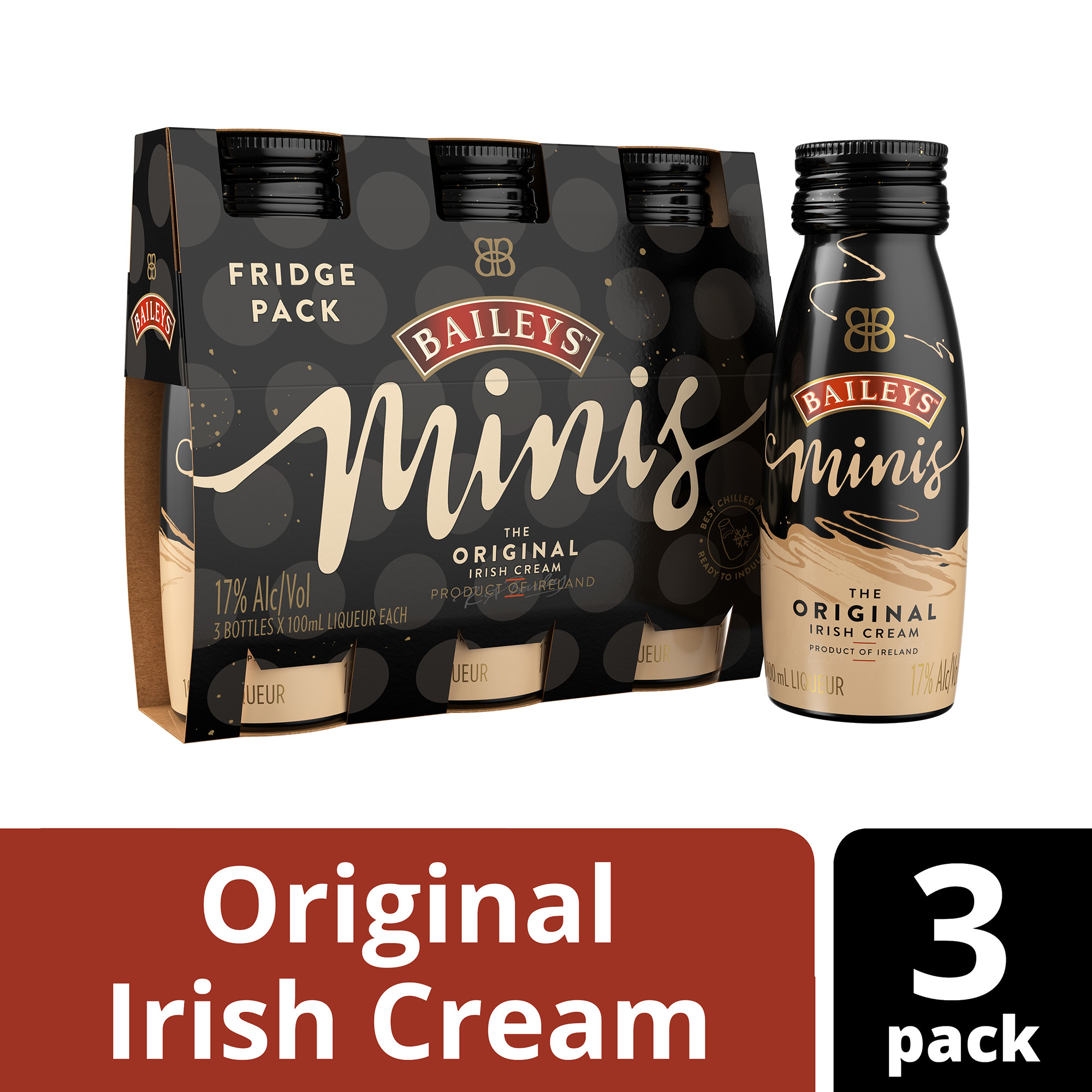 Our 34 proof liqueur is the perfect marriage of premium Irish dairy cream and a unique chocolate and vanilla blend for a decadent taste. The blend of spirits and whiskey uniquely preserves the classic taste of the Irish cream and is great with cocktails and desserts. Best enjoyed in a spiked coffee cocktail. Includes three 100 mL Baileys Minis The Original Irish Cream. Please drink responsibly., One pack of three 100 mL bottles of Baileys Minis The Original Irish Cream, Brings the spirit of Ireland to any celebration, Combines the flavors of vanilla, chocolate and Irish cream for a decadent taste, Convenient, single portioned bottles, Portable and easy to carry