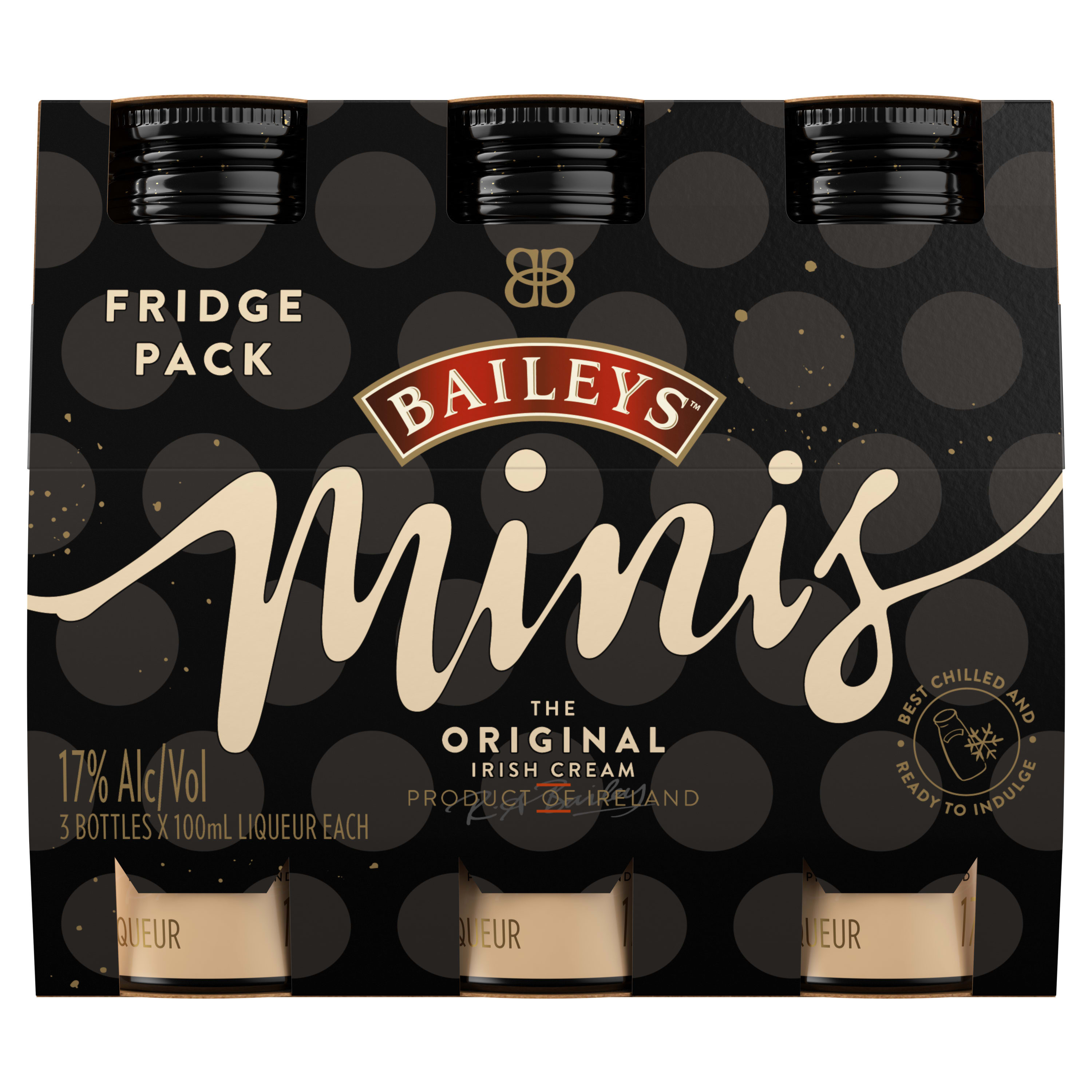 Our 34 proof liqueur is the perfect marriage of premium Irish dairy cream and a unique chocolate and vanilla blend for a decadent taste. The blend of spirits and whiskey uniquely preserves the classic taste of the Irish cream and is great with cocktails and desserts. Best enjoyed in a spiked coffee cocktail. Includes three 100 mL Baileys Minis The Original Irish Cream. Please drink responsibly., One pack of three 100 mL bottles of Baileys Minis The Original Irish Cream, Brings the spirit of Ireland to any celebration, Combines the flavors of vanilla, chocolate and Irish cream for a decadent taste, Convenient, single portioned bottles, Portable and easy to carry
