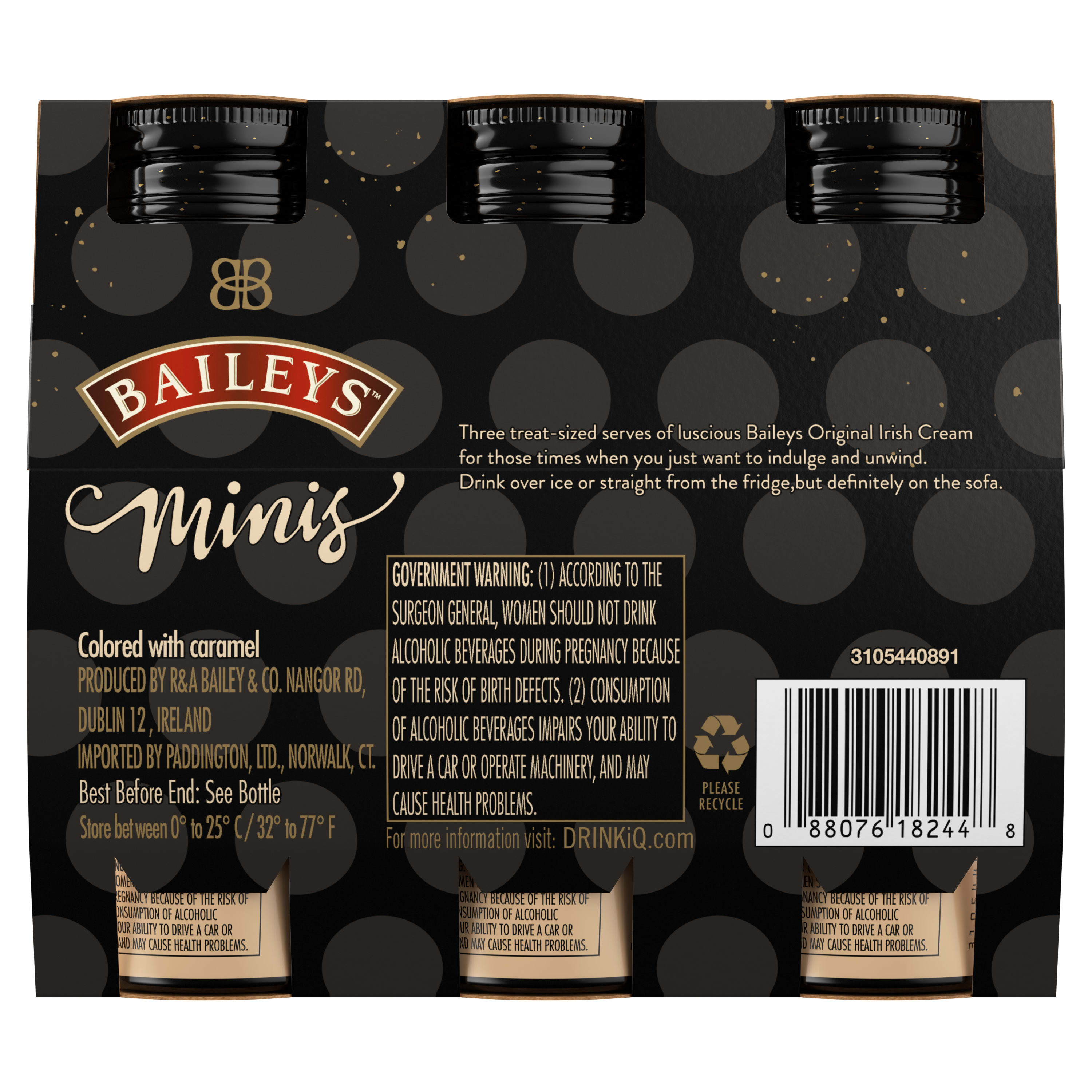 Our 34 proof liqueur is the perfect marriage of premium Irish dairy cream and a unique chocolate and vanilla blend for a decadent taste. The blend of spirits and whiskey uniquely preserves the classic taste of the Irish cream and is great with cocktails and desserts. Best enjoyed in a spiked coffee cocktail. Includes three 100 mL Baileys Minis The Original Irish Cream. Please drink responsibly., One pack of three 100 mL bottles of Baileys Minis The Original Irish Cream, Brings the spirit of Ireland to any celebration, Combines the flavors of vanilla, chocolate and Irish cream for a decadent taste, Convenient, single portioned bottles, Portable and easy to carry