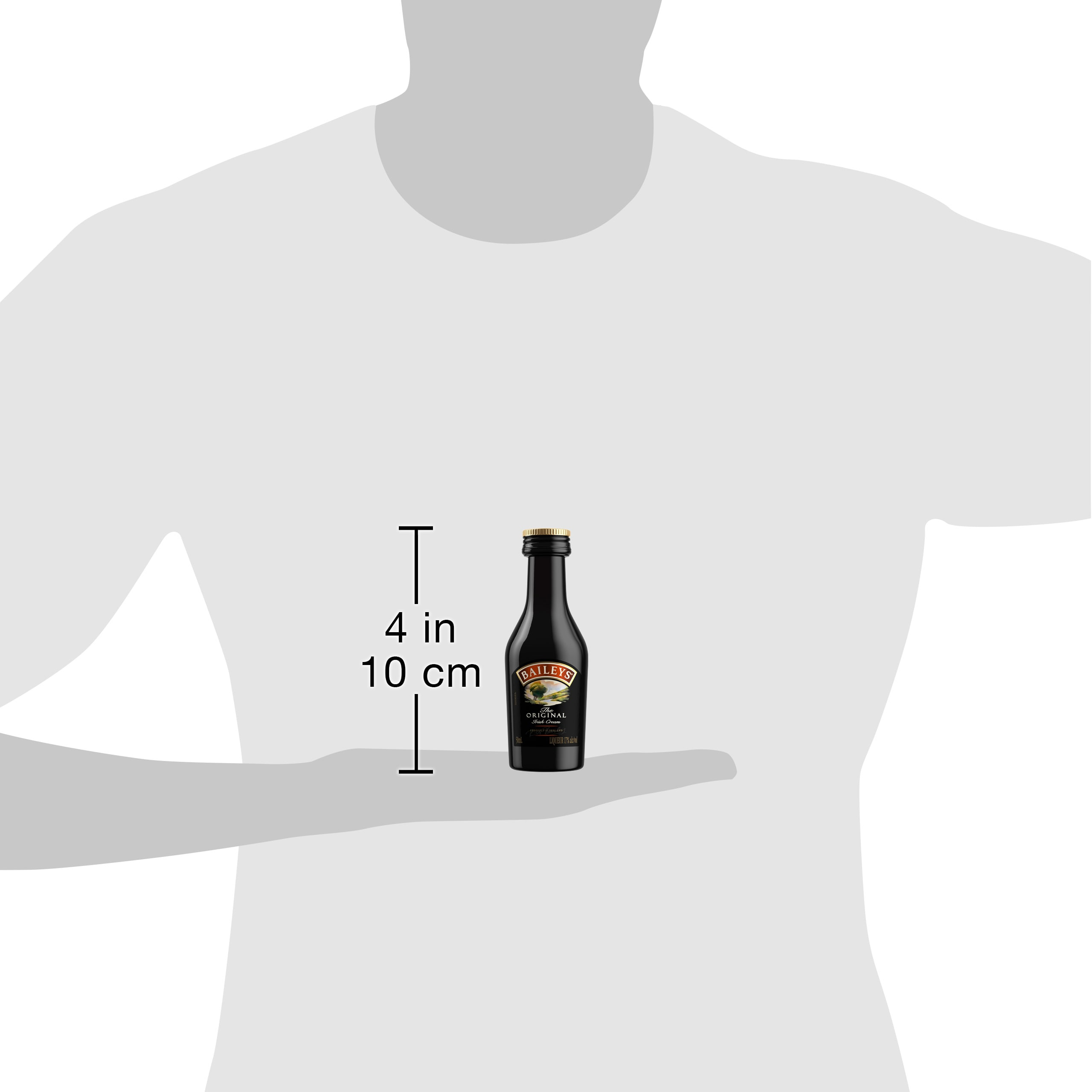 Our 34 proof liqueur is the perfect marriage of premium Irish dairy cream and a unique chocolate and vanilla blend for a decadent taste. The blend of spirits and whiskey uniquely preserves the classic taste of the Irish cream. Best enjoyed in a spiked coffee cocktail. Includes one 34 proof 50 mL bottle of Original Irish Cream Liqueur. Please drink responsibly., One 50 mL bottle of Baileys Original Irish Cream Liqueur, 34 proof, Brings the spirit of Ireland to any celebration, A perfect addition to coffee, hot chocolate, or any dessert, Ranked as the worldâ€™s number one selling liqueur and cream liqueur brand, Combines the flavors of vanilla, chocolate and Irish cream to create a decadent taste
