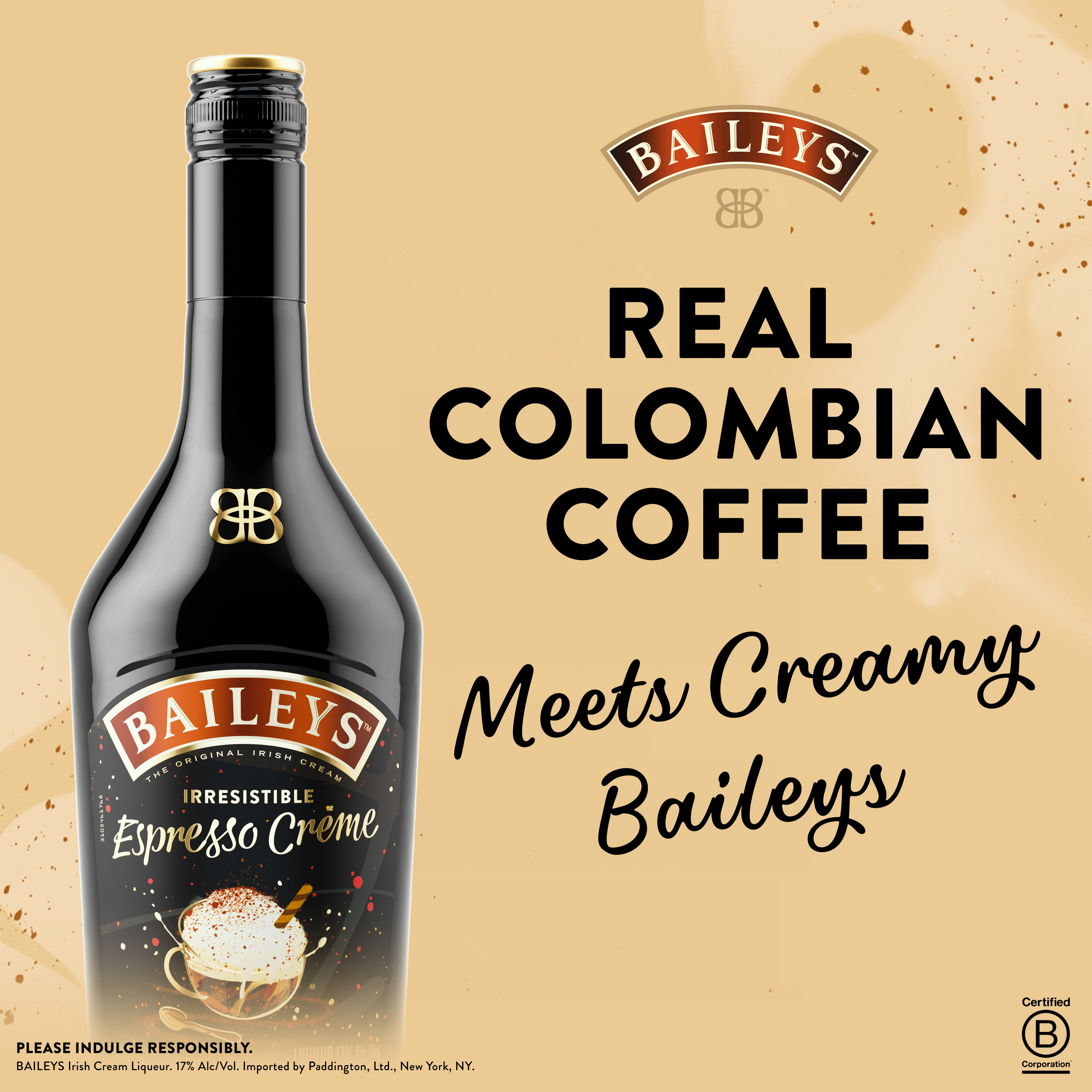 Craving a coffee and chocolate escape? Look no further than Baileys Espresso CrÃ©me Irish Cream Liqueur. This decadent coffee flavored Irish Cream liqueur blends real Colombian coffee with the creamy indulgence of Baileys Original for a bold and delicious experience. Enjoy it neat for a luxurious after-dinner drink, or elevate your coffee or dessert. It's also the perfect base for irresistible coffee cocktails like the classic Espresso Martini. Packed with flavor and versatility, Baileys Espresso CrÃ©me is a coffee lover's dream and the ideal gift for any occasion. Includes one 34 proof 750 mL bottle of Espresso CrÃ¨me Irish Cream Liqueur. Please drink responsibly., One 750 mL bottle of Baileys Espresso CrÃ¨me Irish Cream Liqueur, 34 proof, Perfect after-dinner treat or a indulgent gift for any coffee lover, Elevate your coffee, desserts or classic cocktails, A coffee lover's dream with real Colombian coffee and creamy Baileys, Creamy Baileys meets coffee and chocolate aromas for a decadent, smooth finish