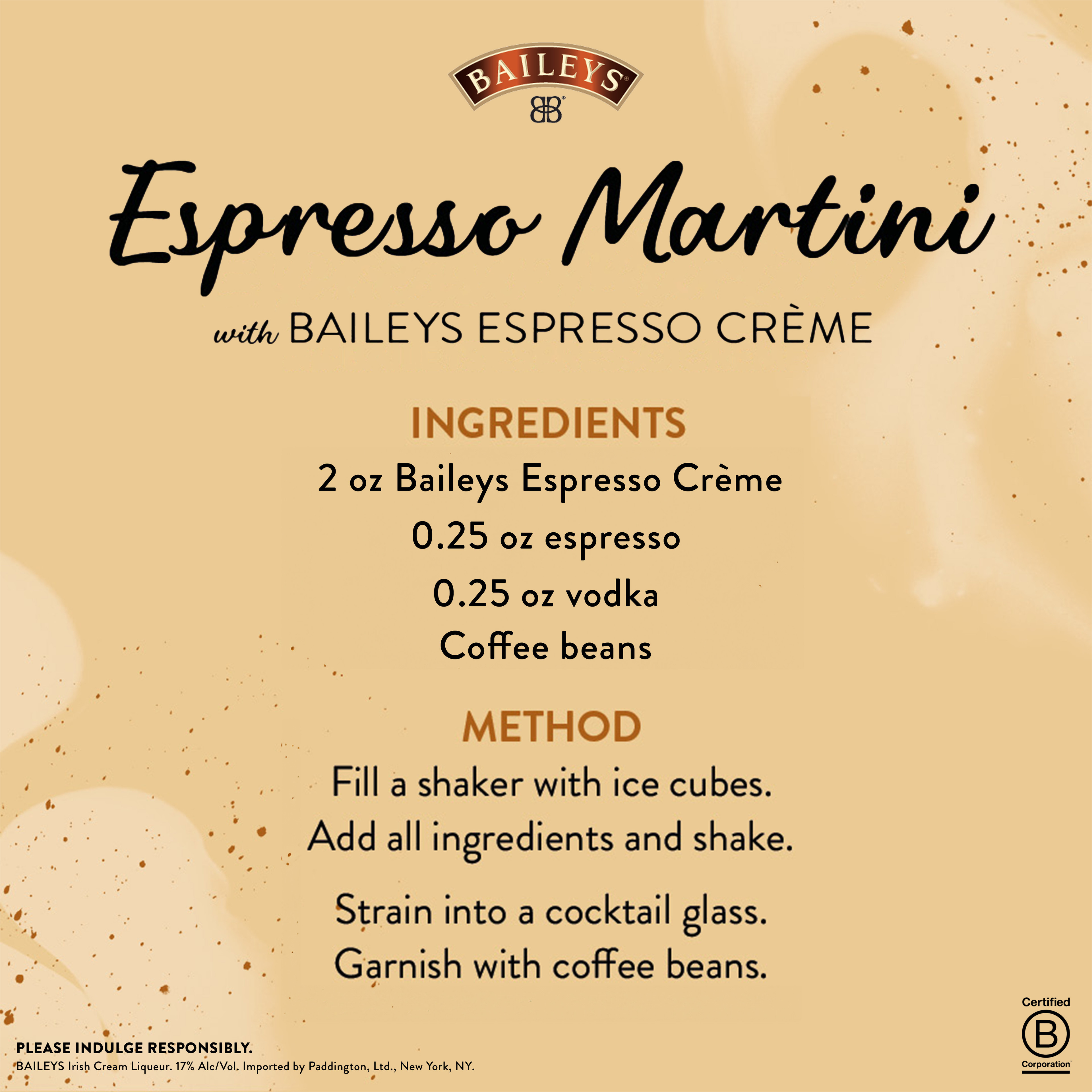 Craving a coffee and chocolate escape? Look no further than Baileys Espresso CrÃ©me Irish Cream Liqueur. This decadent coffee flavored Irish Cream liqueur blends real Colombian coffee with the creamy indulgence of Baileys Original for a bold and delicious experience. Enjoy it neat for a luxurious after-dinner drink, or elevate your coffee or dessert. It's also the perfect base for irresistible coffee cocktails like the classic Espresso Martini. Packed with flavor and versatility, Baileys Espresso CrÃ©me is a coffee lover's dream and the ideal gift for any occasion. Includes one 34 proof 750 mL bottle of Espresso CrÃ¨me Irish Cream Liqueur. Please drink responsibly., One 750 mL bottle of Baileys Espresso CrÃ¨me Irish Cream Liqueur, 34 proof, Perfect after-dinner treat or a indulgent gift for any coffee lover, Elevate your coffee, desserts or classic cocktails, A coffee lover's dream with real Colombian coffee and creamy Baileys, Creamy Baileys meets coffee and chocolate aromas for a decadent, smooth finish