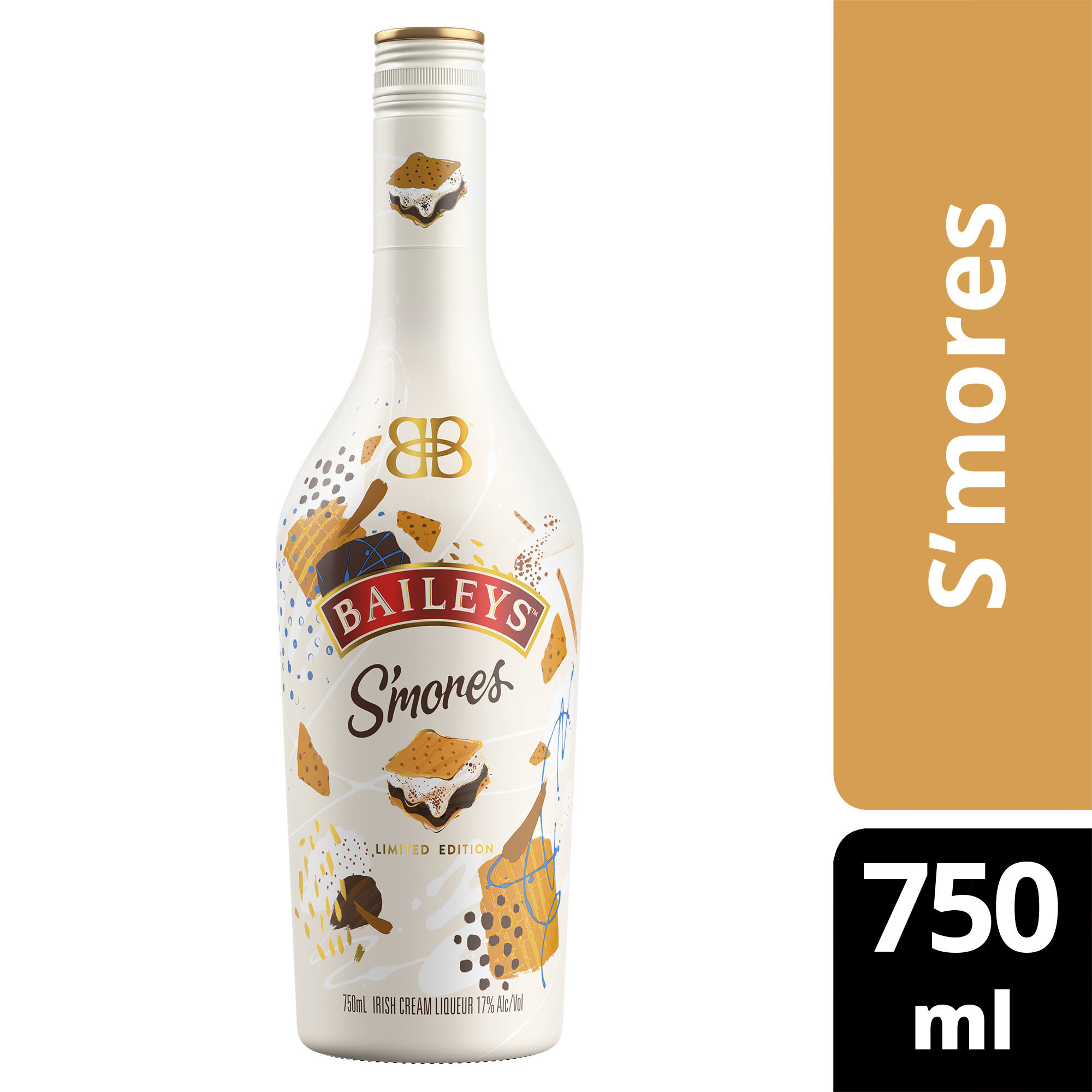 Savor the nostalgic flavors of toasted marshmallow, rich chocolate, and graham cracker with Baileys Sâ€™mores Irish Cream Liqueur. Our 34 proof Limited Edition liqueur celebrates your favorite bonfire treat. Baileys Sâ€™mores Liqueur combines the unmistakable taste of our Irish Cream with flavors of toasted marshmallows sandwiched between graham crackers and a melted chocolate finish for a sensational melt-in-your-mouth drink to elevate any occasion. Best enjoyed in a spiked coffee cocktail. Baileys S'mores Irish Cream Liqueur won a Gold medal at the 2022 San Francisco World Spirits Competition. Includes one 34 proof 750 mL bottle of Baileyâ€™s Sâ€™mores Irish Cream Liqueur. Please drink responsibly., One 750 mL bottle of Baileys S'mores Irish Cream Liqueur, 34 proof, Brings the spirit of Ireland to any celebration, A perfect addition to coffee, hot chocolate, or over ice, Limited edition liqueur that perfectly replicates the indulgent taste of s'mores, Combines the rich taste of our Irish Cream Liqueur with the melt-in-your-mouth flavors of toasted marshmallow, chocolate, and graham cracker