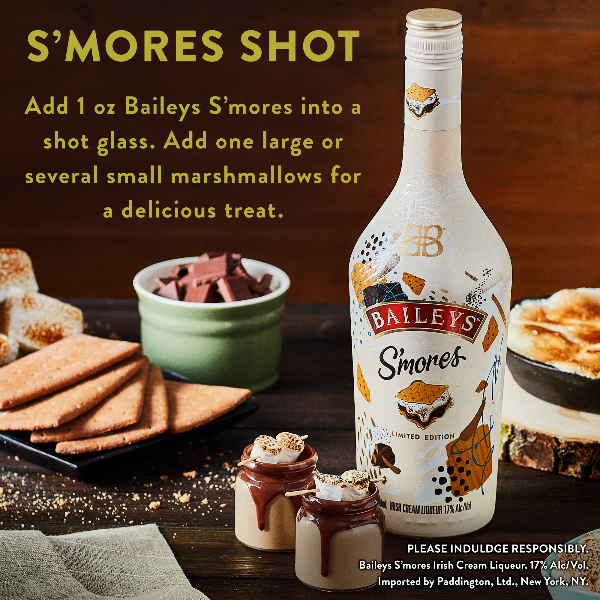 Savor the nostalgic flavors of toasted marshmallow, rich chocolate, and graham cracker with Baileys Sâ€™mores Irish Cream Liqueur. Our 34 proof Limited Edition liqueur celebrates your favorite bonfire treat. Baileys Sâ€™mores Liqueur combines the unmistakable taste of our Irish Cream with flavors of toasted marshmallows sandwiched between graham crackers and a melted chocolate finish for a sensational melt-in-your-mouth drink to elevate any occasion. Best enjoyed in a spiked coffee cocktail. Baileys S'mores Irish Cream Liqueur won a Gold medal at the 2022 San Francisco World Spirits Competition. Includes one 34 proof 750 mL bottle of Baileyâ€™s Sâ€™mores Irish Cream Liqueur. Please drink responsibly., One 750 mL bottle of Baileys S'mores Irish Cream Liqueur, 34 proof, Brings the spirit of Ireland to any celebration, A perfect addition to coffee, hot chocolate, or over ice, Limited edition liqueur that perfectly replicates the indulgent taste of s'mores, Combines the rich taste of our Irish Cream Liqueur with the melt-in-your-mouth flavors of toasted marshmallow, chocolate, and graham cracker