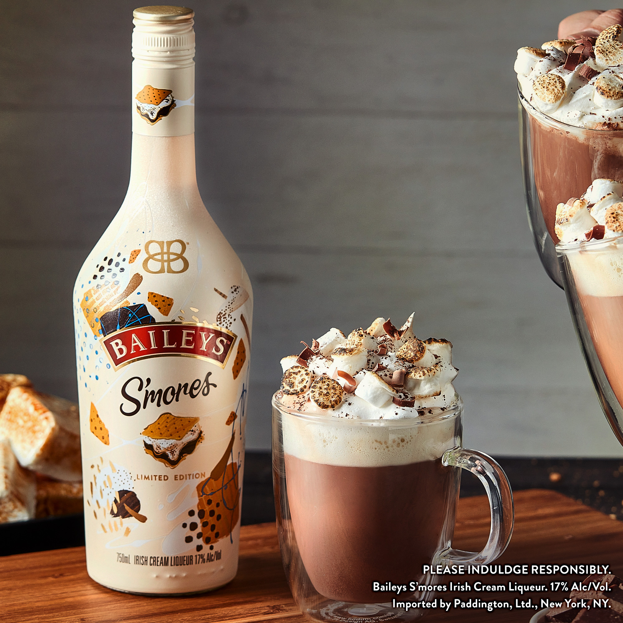 Savor the nostalgic flavors of toasted marshmallow, rich chocolate, and graham cracker with Baileys Sâ€™mores Irish Cream Liqueur. Our 34 proof Limited Edition liqueur celebrates your favorite bonfire treat. Baileys Sâ€™mores Liqueur combines the unmistakable taste of our Irish Cream with flavors of toasted marshmallows sandwiched between graham crackers and a melted chocolate finish for a sensational melt-in-your-mouth drink to elevate any occasion. Best enjoyed in a spiked coffee cocktail. Baileys S'mores Irish Cream Liqueur won a Gold medal at the 2022 San Francisco World Spirits Competition. Includes one 34 proof 750 mL bottle of Baileyâ€™s Sâ€™mores Irish Cream Liqueur. Please drink responsibly., One 750 mL bottle of Baileys S'mores Irish Cream Liqueur, 34 proof, Brings the spirit of Ireland to any celebration, A perfect addition to coffee, hot chocolate, or over ice, Limited edition liqueur that perfectly replicates the indulgent taste of s'mores, Combines the rich taste of our Irish Cream Liqueur with the melt-in-your-mouth flavors of toasted marshmallow, chocolate, and graham cracker