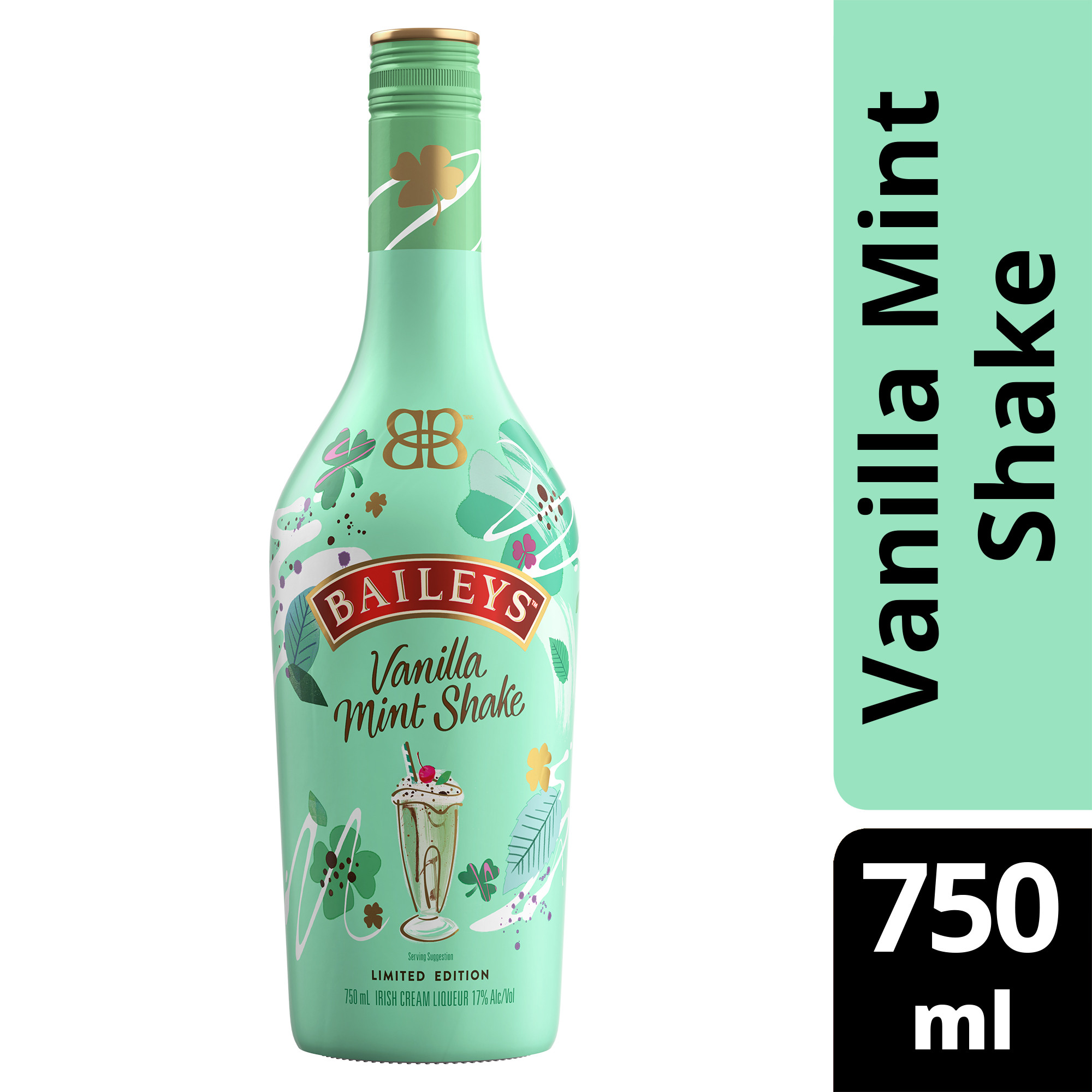 Celebrate springtime with Baileys Vanilla Mint Shake Irish Cream Liqueur. Our 34 proof limited edition flavor celebrates the arrival of Spring with a unique take on an American classic. Baileys Vanilla Mint Shake Irish Cream Liqueur has a mint and creamy vanilla aroma, with notes of rich vanilla bean, mint, and cocoa on the palate. Best enjoyed in a spiked coffee cocktail. Includes one 34 proof 750 mL bottle of Baileys Vanilla Mint Shake Irish Cream Liqueur. Please drink responsibly., Includes one 750 mL bottle of Baileys Vanilla Mint Shake Irish Cream Liqueur, 34 proof, Perfect addition to ice cream or blended into a shake, Taste of rich vanilla bean with notes of mint and cocoa, Springtime limited edition, Brings the spirit of Ireland to any celebration