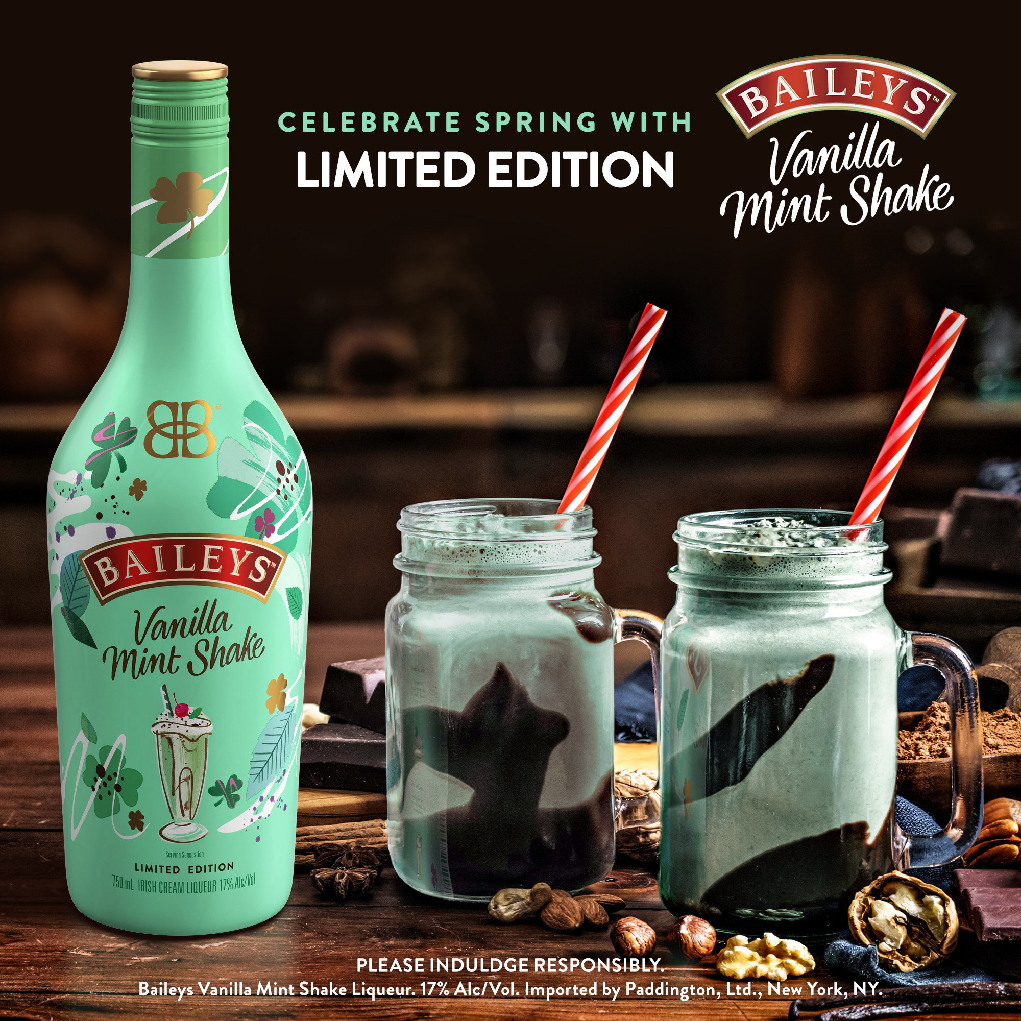 Celebrate springtime with Baileys Vanilla Mint Shake Irish Cream Liqueur. Our 34 proof limited edition flavor celebrates the arrival of Spring with a unique take on an American classic. Baileys Vanilla Mint Shake Irish Cream Liqueur has a mint and creamy vanilla aroma, with notes of rich vanilla bean, mint, and cocoa on the palate. Best enjoyed in a spiked coffee cocktail. Includes one 34 proof 750 mL bottle of Baileys Vanilla Mint Shake Irish Cream Liqueur. Please drink responsibly., Includes one 750 mL bottle of Baileys Vanilla Mint Shake Irish Cream Liqueur, 34 proof, Perfect addition to ice cream or blended into a shake, Taste of rich vanilla bean with notes of mint and cocoa, Springtime limited edition, Brings the spirit of Ireland to any celebration