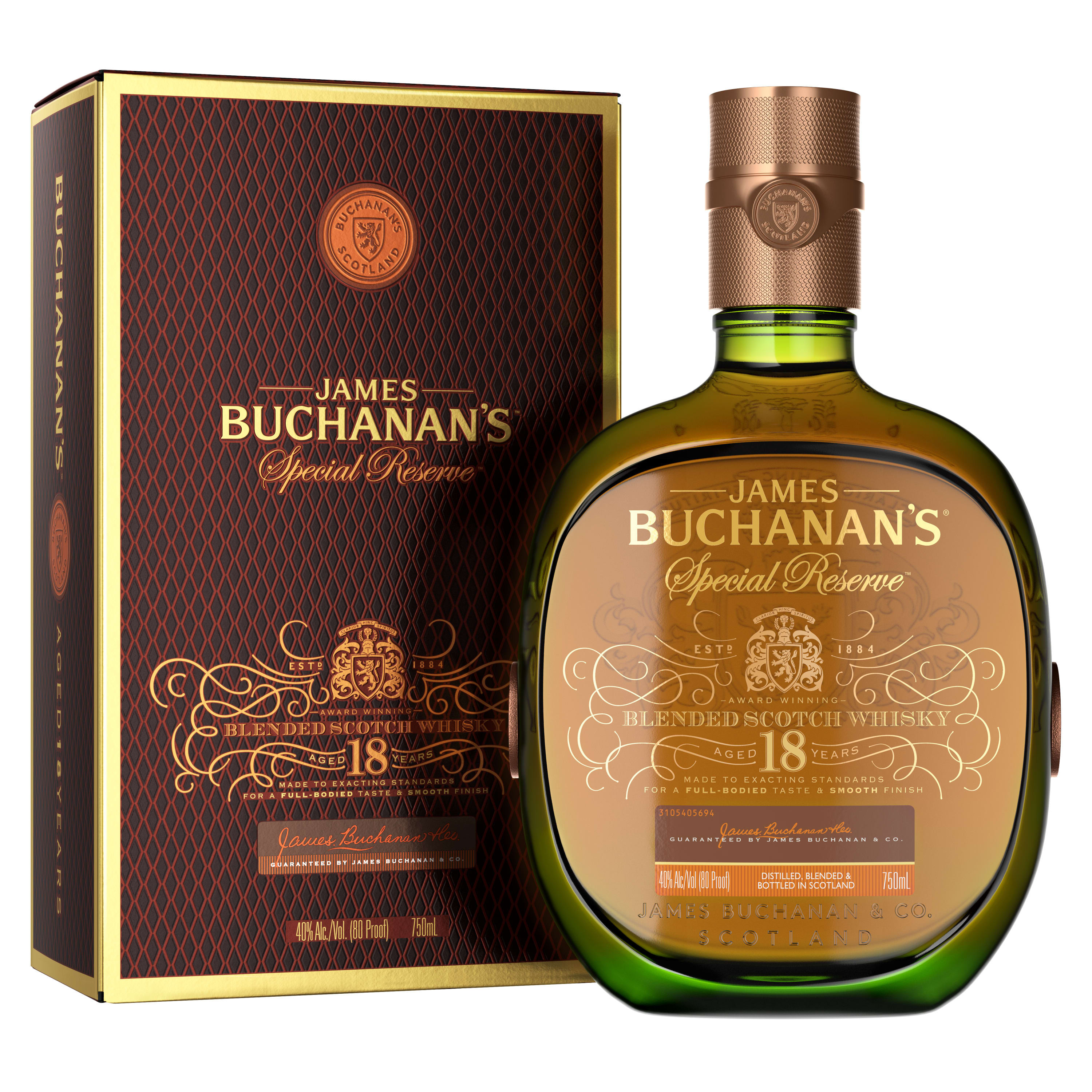Born from over a century of experience, the well-rounded character of Buchanan's Special Reserve Aged 18 Years Blended Scotch Whisky features a deep assortment of flavors and a complex finish. With notes of dark chocolate, caramel and honey, our 86 proof special reserve combines a blend of grain whiskies and single malts guaranteed to heighten any celebration. Our whisky is an icon of excellence among Scotch connoisseurs. This masterfully crafted recipe has been aged for 18 years in ex-sherry oak barrels to create a deeper tone and stronger character, making it perfect to sip on its own. Buchanan's is proud to shine a light on the spirit of the 200%: those who proudly embrace both their 100% Hispanic heritage and 100% American culture all at once. Simply serve in a Reserve Old Fashioned cocktail. Includes one 80 proof 750 mL bottle of Special Reserve Blended Scotch Whisky. Please drink responsibly., Includes one 750 mL bottle of Buchanan's Special Reserve Aged 18 Years Blended Scotch Whisky, Awarded a Gold Medal in 2020 and 2024 at the San Francisco World Spirits Competition, 80 Proof, Perfect as a gift or for any celebration, Features notes of dark chocolate, caramel and honey and a rich, silky finish, Best enjoyed in a Reserve Old Fashioned cocktail, Aged 18 years