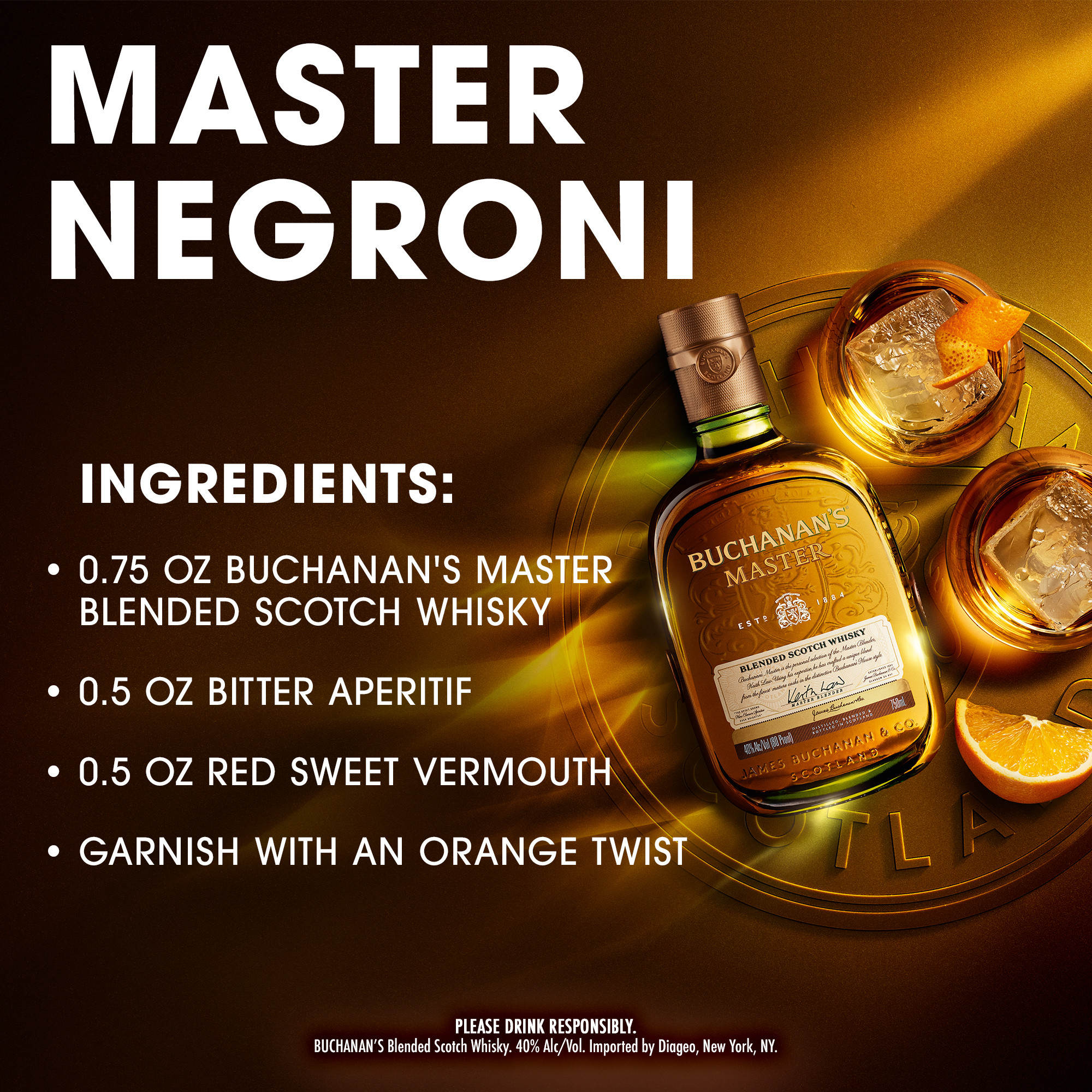 Born from over a century of experience, Buchanan's Master Blended Scotch Whisky features an assortment of imported Scottish malts. Our 80 proof master whisky is guaranteed to heighten any celebration with its rich character, smooth sweetness, and spicy notes, ending with a full-bodied finish. Buchanan's is proud to shine a light on the spirit of the 200%: those who proudly embrace both their 100% Hispanic heritage and 100% American culture all at once. Our master blend is perfect for a classic Master Negroni cocktail. Includes one 80 proof 750 mL bottle of Master Blended Scotch Whisky. Please drink responsibly., Includes one 750 mL bottle of Buchanan's Master Blended Scotch Whisky, Buchanan's Master Blended Scotch Whisky was awarded a Double Gold Medal in 2021 at the San Francisco World Spirits Competition, 80 Proof, Perfect as a gift or for any celebration, Features one malt from every region of Scotland, Best enjoyed in a Master Negroni, Features notes of citrus fruits and herbs