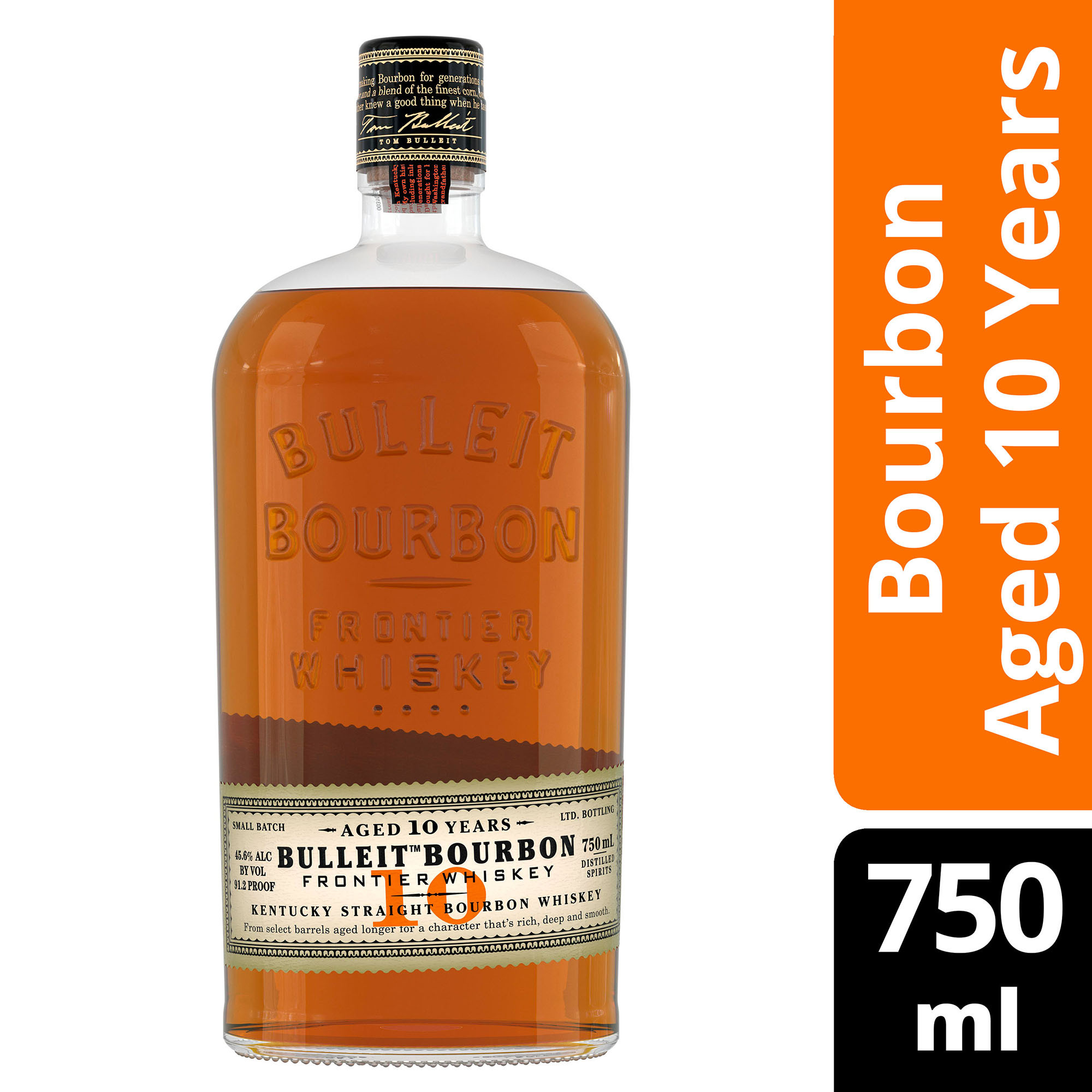 Bulleit Bourbon 10 Year Old Whiskey allows you to savor its smooth, mellow character and complex finish. With its russet color and oaky aroma, our aged whiskey makes a good first impression before itâ€™s even opened. The flavor profile of our bourbon whiskey combines hints of vanilla and dried fruit for a smooth, mellow finish. Aged in charred American white oak, select Bulleit Bourbon barrels were set aside to age for 10 years. The result is an expression of Bulleit that is smooth in character and has a complex finish. Bulleit Bourbon 10 Year Old Whiskey earned a Double Gold medal at the 2021 San Francisco World Spirits Competition. Perfect for a classic Manhattan cocktail. Includes one 91.2 proof 750 mL bottle of 10 Year Old Whiskey. Please drink responsibly., Includes one 750 mL bottle of 10 Year Old Bourbon Whiskey, 2021 San Francisco World Spirits Competition Double Gold Medal Winner, Perfect as a gift or for any celebration, Hints of vanilla and dried fruit with a smoky finish, Aged for 10 years in charred oak barrels, Distilled and aged in the Bulleit family tradition