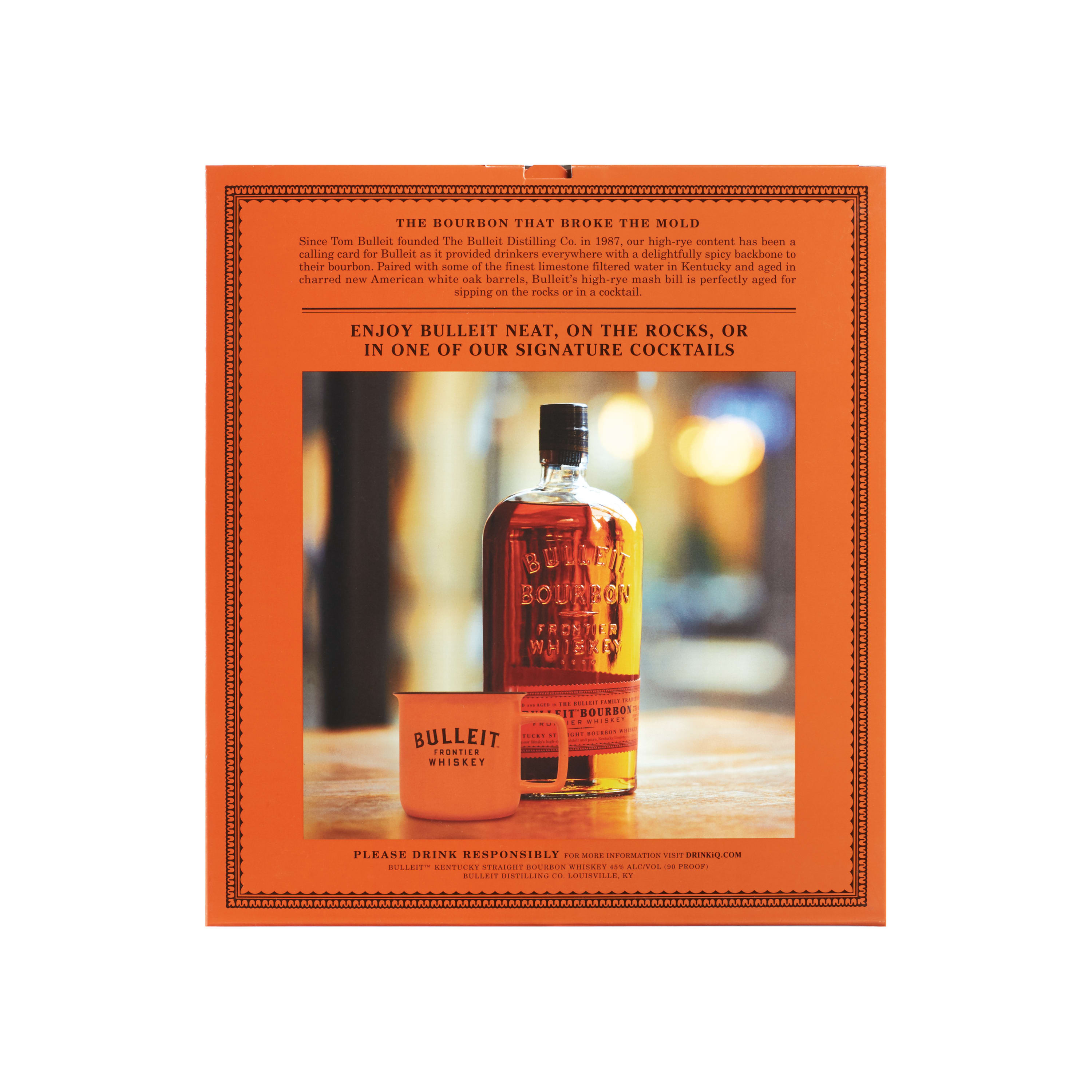 Unwind with a mug of Bulleit Bourbon Whiskey. Packaged with two branded ceramic mugs, the complexity of Bulleit Bourbon Whiskey comes from its unique blend of rye, corn, and barley malt, along with special strains of yeast and Kentucky limestone-filtered water. Due to its especially high rye content, Bulleit Bourbon Whiskey has a bold, spicy character with a finish that's distinctively clean and smooth. Medium amber in color, with gentle spiciness and sweet oak aromas, the mid-palate is smooth with tones of maple, oak, and nutmeg. The finish is long, dry, and satiny with a light-tasting toffee flavor. Simply combine our bourbon whiskey with cloves, lemon juice, brown sugar and hot water for a comforting Hot Toddy. Includes one 90 proof 750 mL bottle of Bourbon Whiskey with Two Branded Ceramic Mugs. Please drink responsibly., One 750 mL bottle of Bulleit Bourbon Whiskey with Two Branded Ceramic Mugs, Comes with Two Branded Ceramic Mugs, Perfect for serving neat, on the rocks or added in a cocktail, Distilled and aged in the Bulleit family tradition, Complete with two branded ceramic mugs, Smooth with hints of maple, oak, and nutmeg, Amber color and oaky aroma
