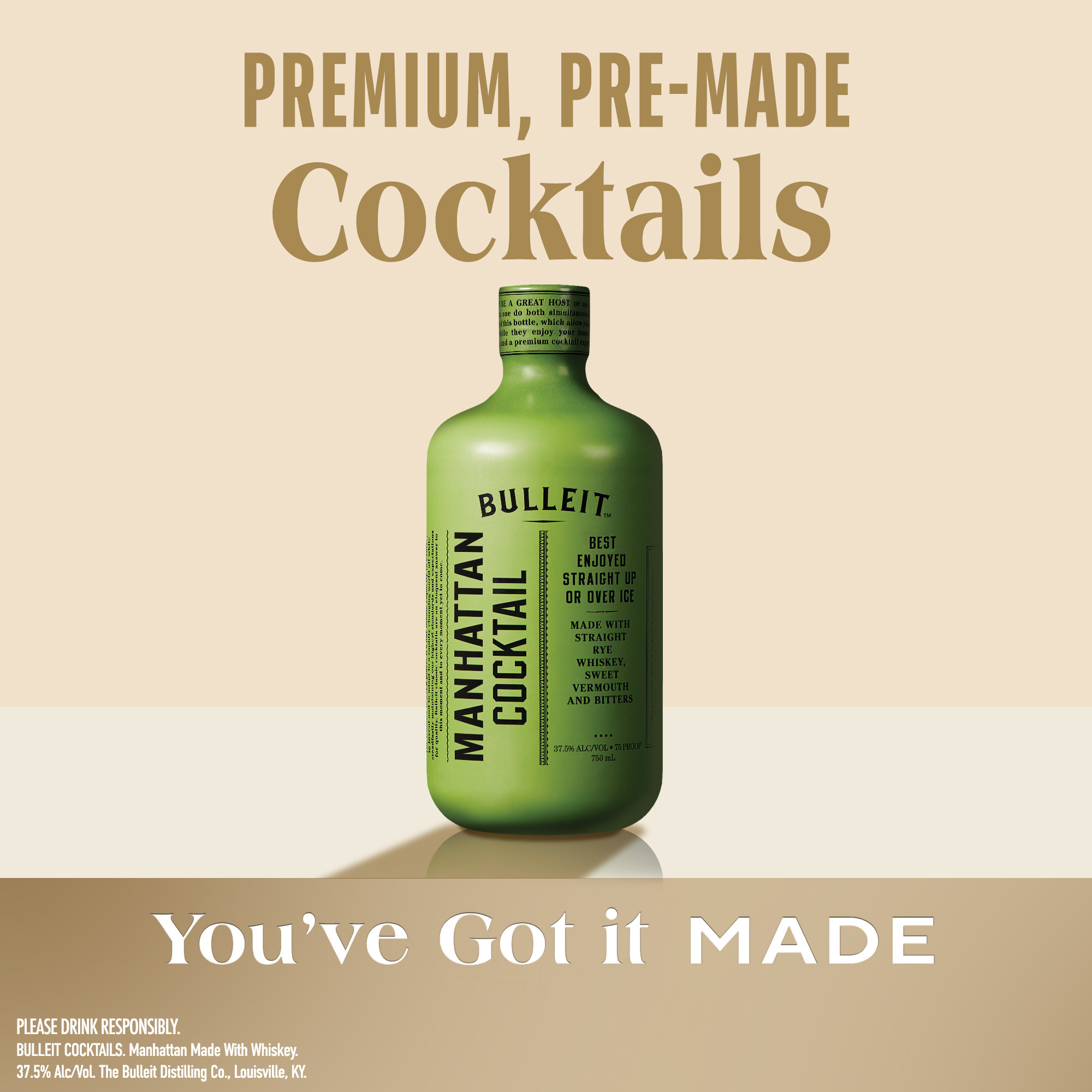 Serve up a timeless drink from the comfort of your home with Bulleit Manhattan Cocktail. This ready-to-serve cocktail was concocted with some of the most celebrated and creative bartenders to ensure a bar quality cocktail experience straight from the bottle. The clean, satiny and woody notes of straight rye whiskey join with sweet vermouth and bitters to offer up a perfect Manhattan cocktail. This cocktail was designed for you to spend less time making drinks and more time sharing them with your friends and family. Bulleit is rooted in cocktail culture, and this take on a classic was crafted to honor it. This cocktail is best enjoyed straight up or over ice, and garnish as desired. Includes one 75 proof 375 mL bottle of Bulleit Manhattan Cocktail. Please drink responsibly., One 375 mL bottle of Bulleit Manhattan Cocktail, Awarded a Double Gold Medal in 2024 at the San Francisco World Spirits Competition, 75 proof, Perfect as a gift or for any celebration, Distilled and aged in the Bulleit family tradition, Made with notes of straight rye whiskey, sweet vermouth, and bitters, Developed with some of the most celebrated and creative bartenders