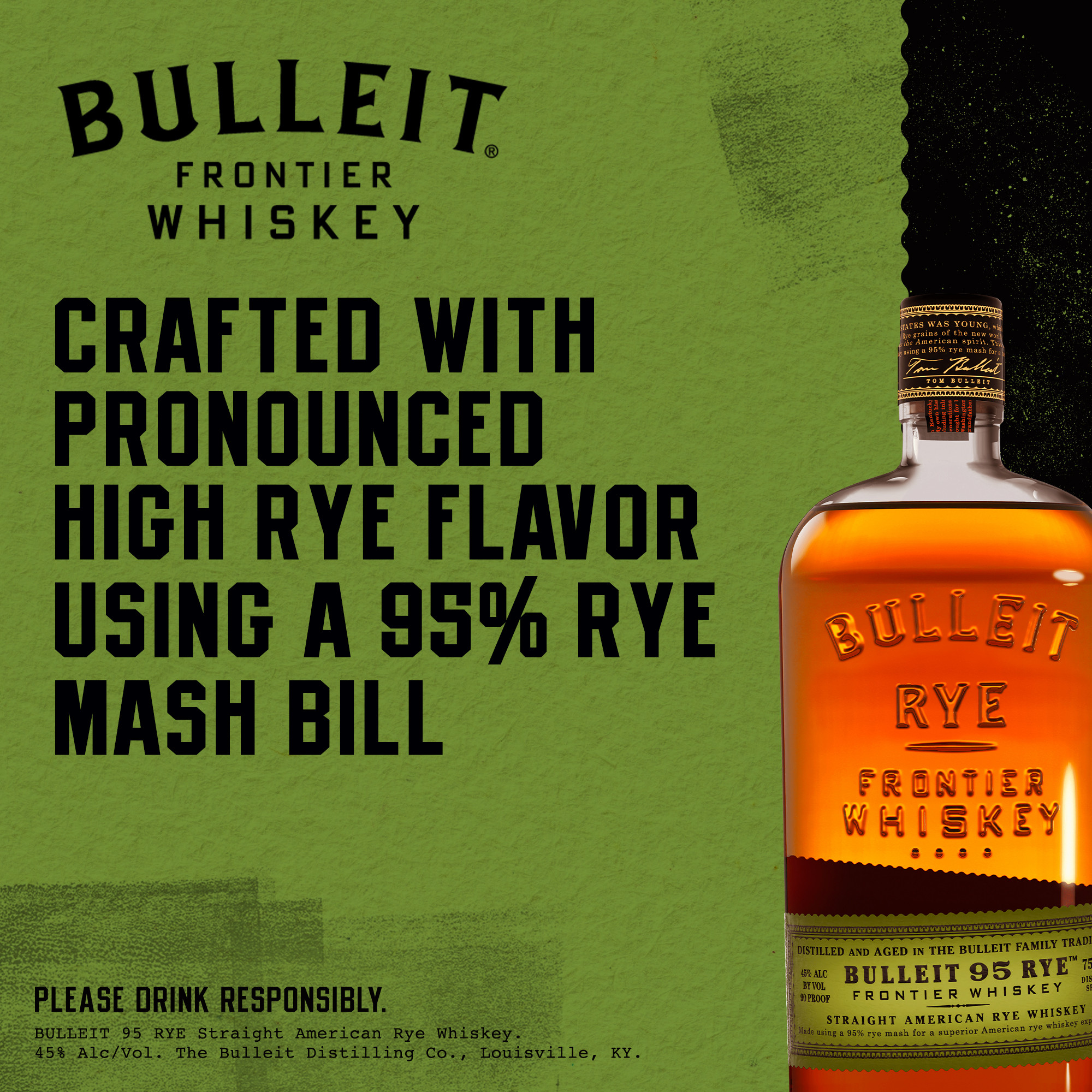 Savor the bold, spicy character of Bulleit 95 Rye Whiskey. With its russet color and aromas of biscuit, spice and dried apricot, our straight rye whiskey makes a good first impression before it's even opened. Its distinctive taste leads into a generous finish that is long, satiny and woody with a hint of light toffee. The flavor profile of our rye whiskey allows you to enjoy its clean finish that lingers long after the final sip. Bulleit 95 Rye Whiskey earned a Gold medal at the 2021 San Francisco World Spirits Competition. Perfect for a classic Manhattan cocktail. Includes one 90 proof 375 mL bottle of 95 Rye Whiskey. Please drink responsibly., Includes one 375 mL bottle of 95 Rye Whiskey, 2021 San Francisco World Spirits Competition Gold Medal Winner, Perfect as a gift or for any celebration, Russet color and aromas of biscuit, spice and dried apricot, Sweet tones of maple and oak, Distilled and aged in the Bulleit family tradition