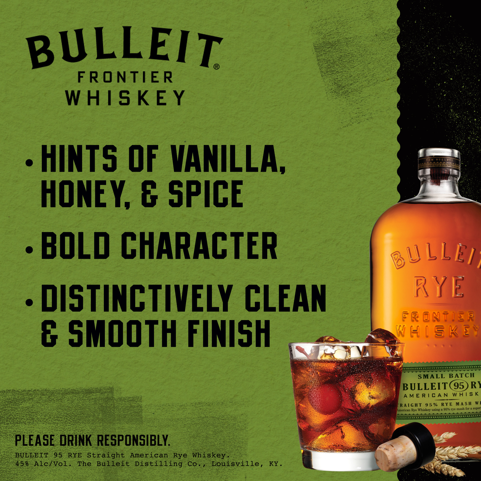 Savor the bold, spicy character of Bulleit 95 Rye Whiskey. With its russet color and aromas of biscuit, spice and dried apricot, our straight rye whiskey makes a good first impression before it's even opened. Its distinctive taste leads into a generous finish that is long, satiny and woody with a hint of light toffee. The flavor profile of our rye whiskey allows you to enjoy its clean finish that lingers long after the final sip. Bulleit 95 Rye Whiskey earned a Gold medal at the 2021 San Francisco World Spirits Competition. Perfect for a classic Manhattan cocktail. Includes one 90 proof 750 mL bottle of 95 Rye Whiskey. Please drink responsibly., Includes one 750 mL glass bottle of 95 Rye Whiskey, 2021 San Francisco World Spirits Competition Gold Medal Winner, Perfect as a gift or for any celebration, Russet color and aromas of biscuit, spice and dried apricot, Sweet tones of maple and oak, Distilled and aged in the Bulleit family tradition