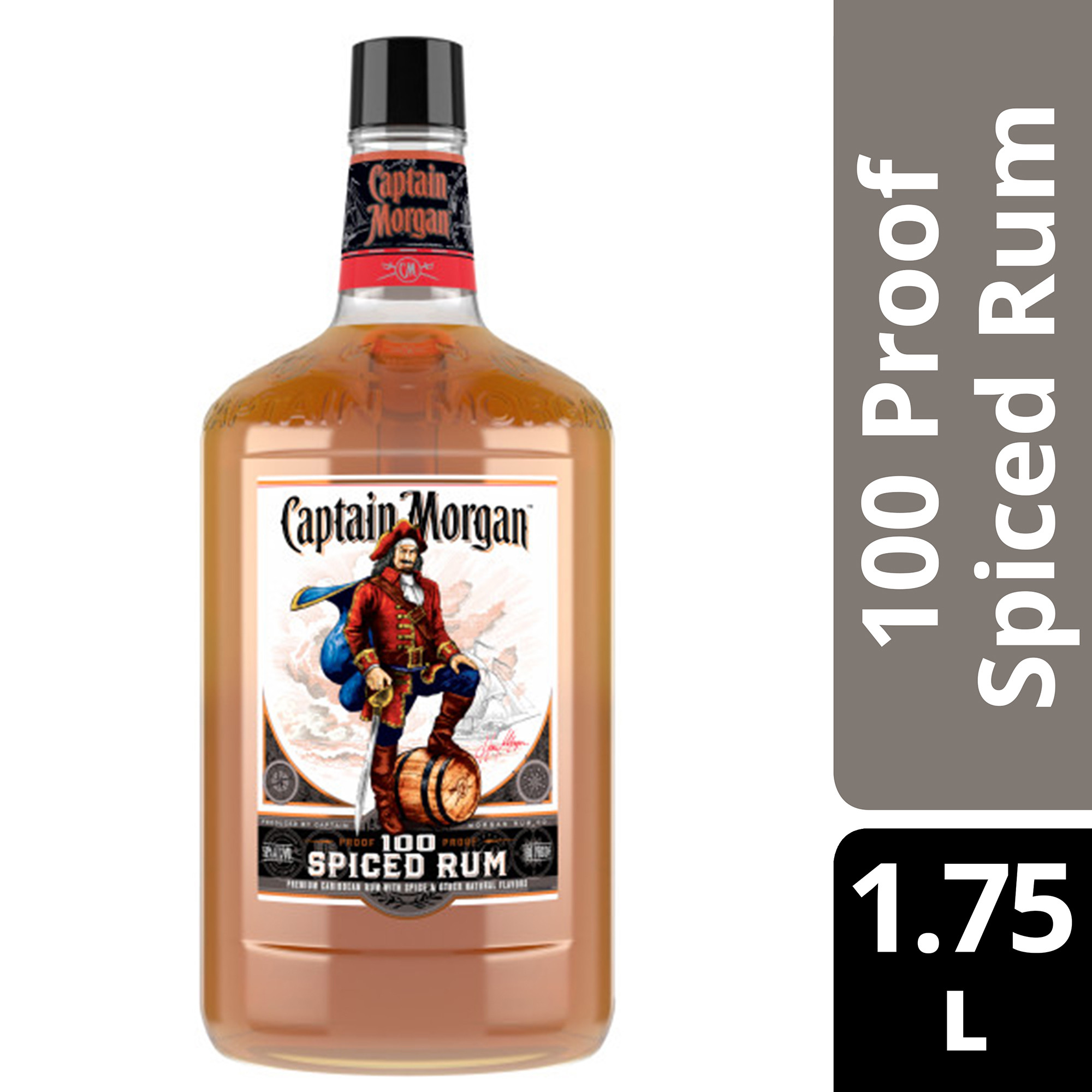 Spice it up with Captain Morgan 100 Proof Spiced Rum. This blend of Caribbean rums is crafted with spice to bring out the intensity of the liquid with a noticeable smoothness and mellow taste. Our 100 Proof Captain Morgan Spiced Rum can be sipped neat, on the rocks or with your favorite mixed drink. Perfect for a long island iced tea cocktail. Includes one 1.75 L bottle of Captain Morgan 100 Proof Spiced Rum. Drink responsibly, Captainâ€™s Orders!, One 1.75 L bottle of Captain Morgan 100 Proof Spiced Rum, 100 proof, Perfect for adding a delicious kick to your favorite mixed drinks, Brings the spirit of adventure to any party, Blend of Caribbean rums and spice, Strong, bold flavor
