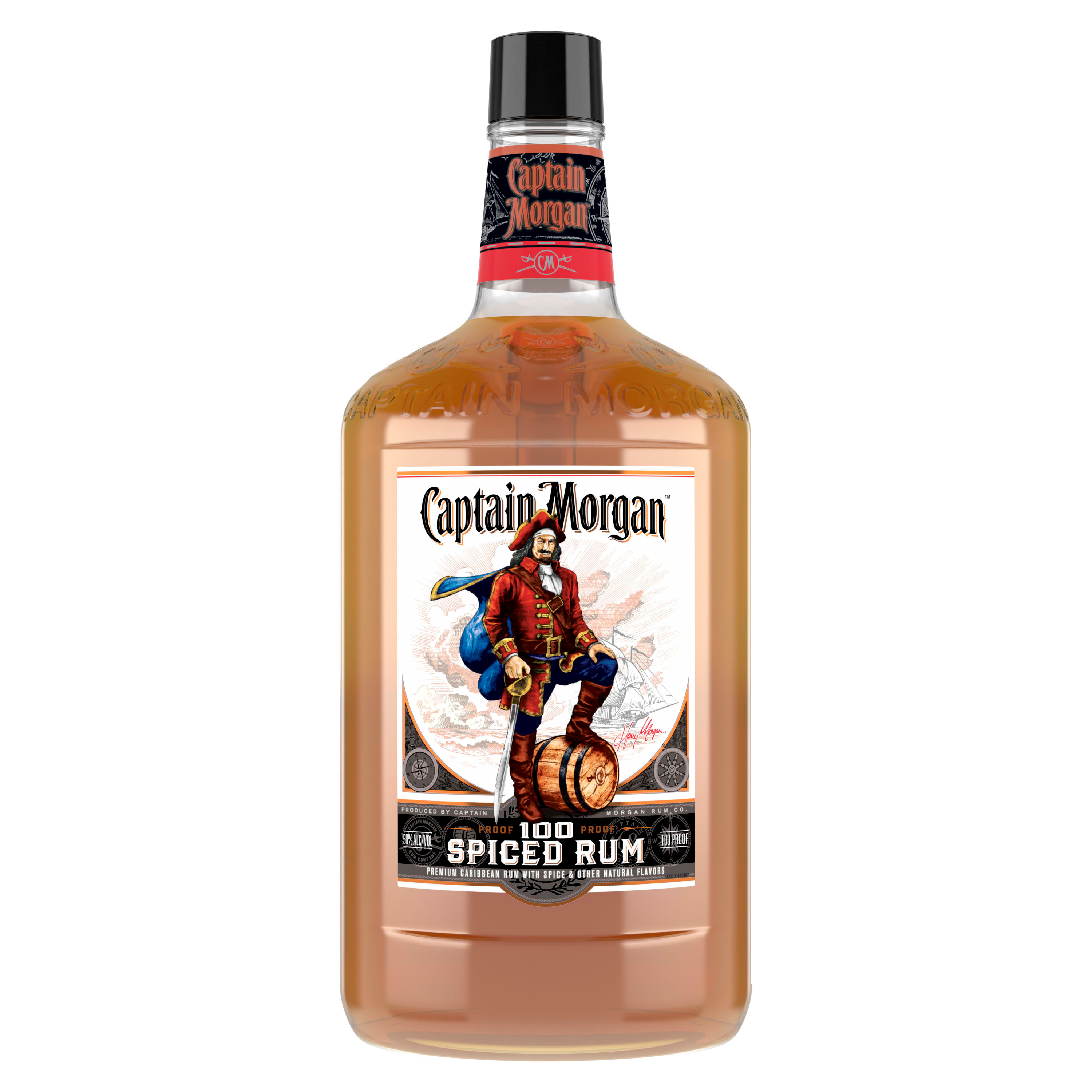 Spice it up with Captain Morgan 100 Proof Spiced Rum. This blend of Caribbean rums is crafted with spice to bring out the intensity of the liquid with a noticeable smoothness and mellow taste. Our 100 Proof Captain Morgan Spiced Rum can be sipped neat, on the rocks or with your favorite mixed drink. Perfect for a long island iced tea cocktail. Includes one 1.75 L bottle of Captain Morgan 100 Proof Spiced Rum. Drink responsibly, Captainâ€™s Orders!, One 1.75 L bottle of Captain Morgan 100 Proof Spiced Rum, 100 proof, Perfect for adding a delicious kick to your favorite mixed drinks, Brings the spirit of adventure to any party, Blend of Caribbean rums and spice, Strong, bold flavor